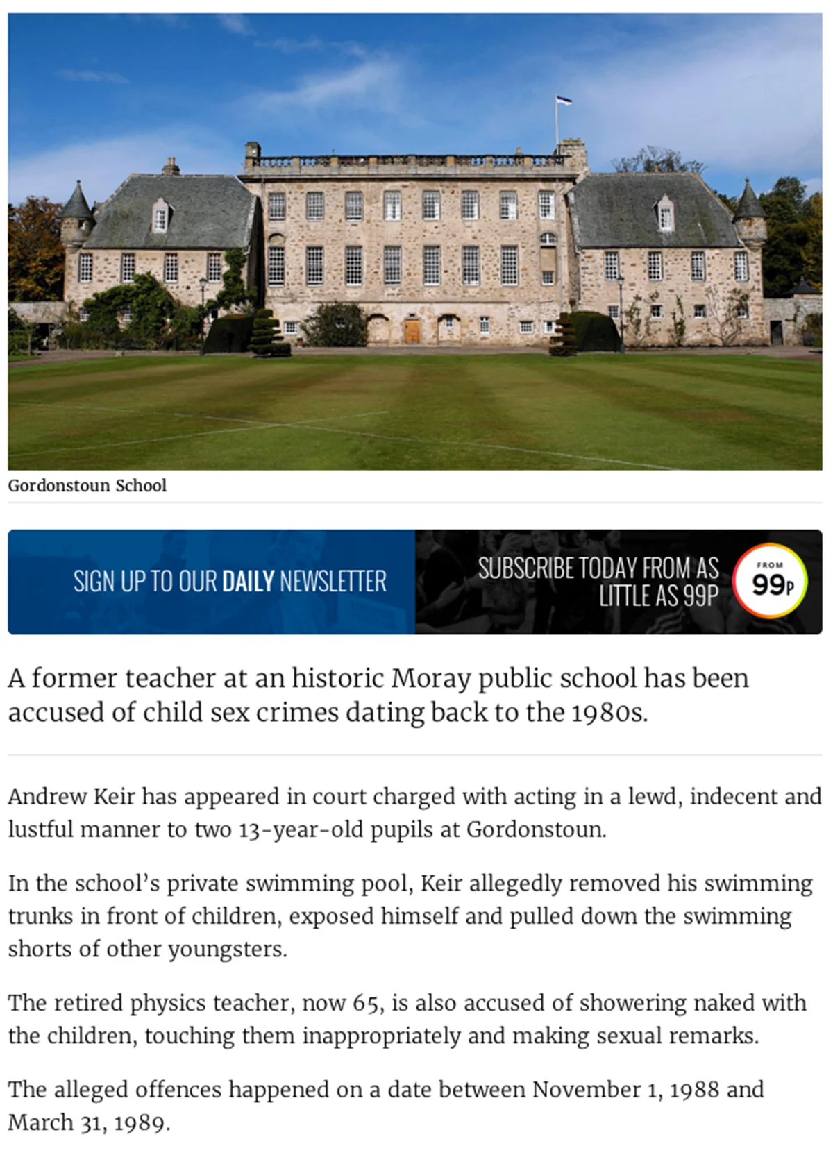 News clipping from the Aberdeen Press and Journal about accusations of sex crimes against a former member of staff at the school. If you are affected by any of the material here, and you would like to speak about your time in care, the Scottish Child Abuse Inquiry would like to hear from anyone who is affected. They want very much for you to feel safe.