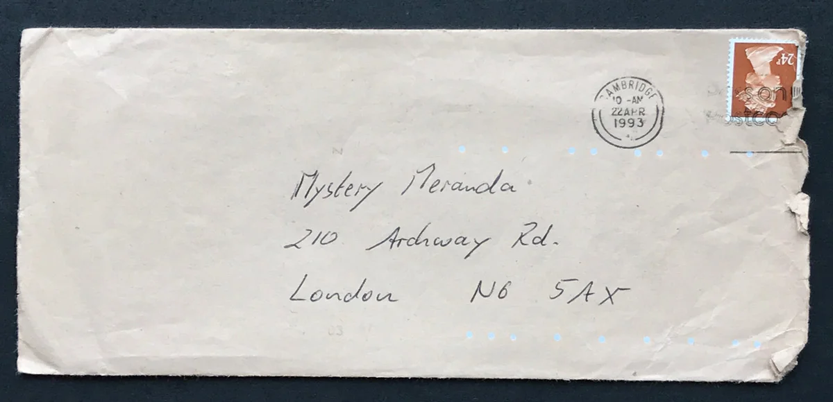 Envelope for Matt's first letter to Miranda