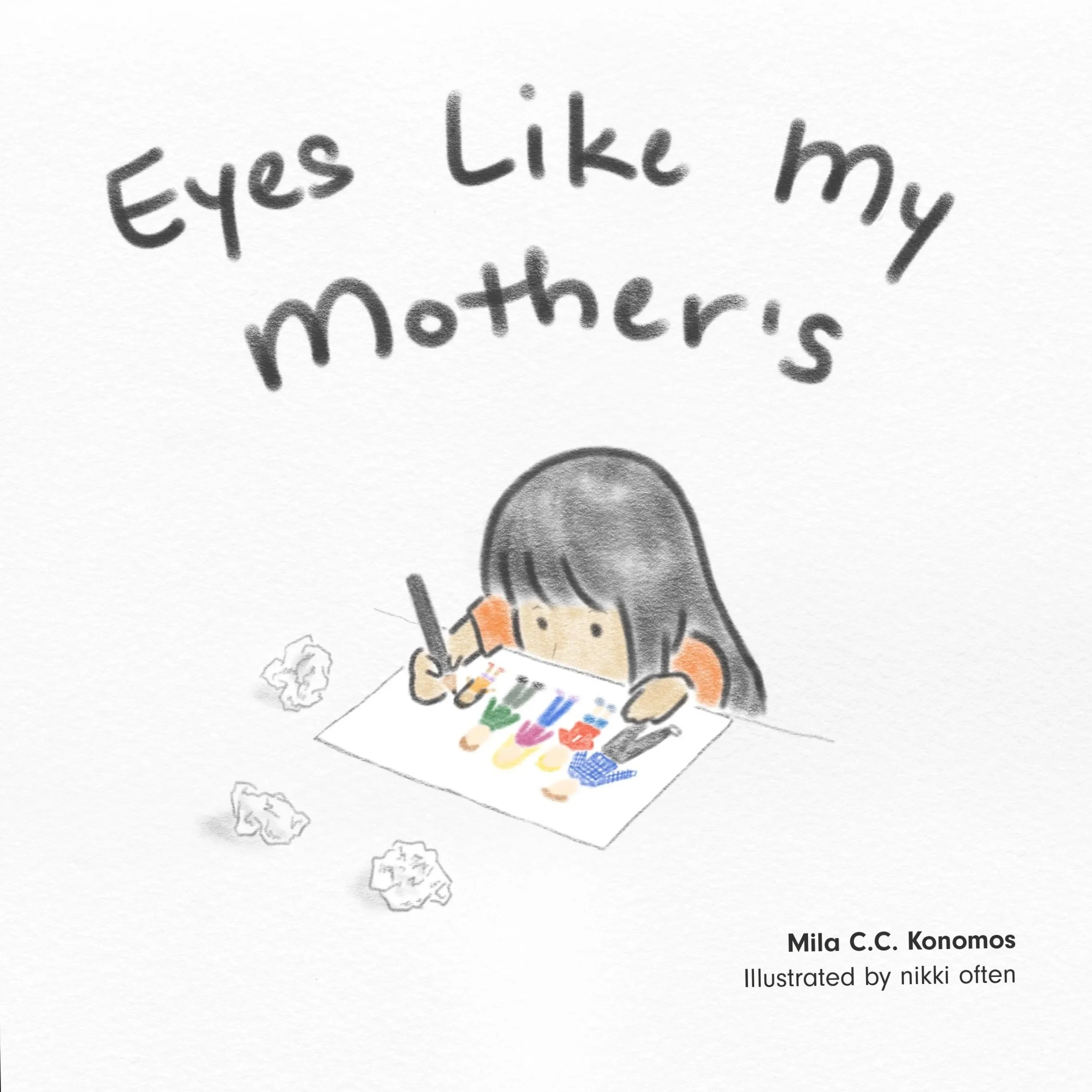 cartoon image of Asian girl coloring a family portrait with adoptive Caucasian family members