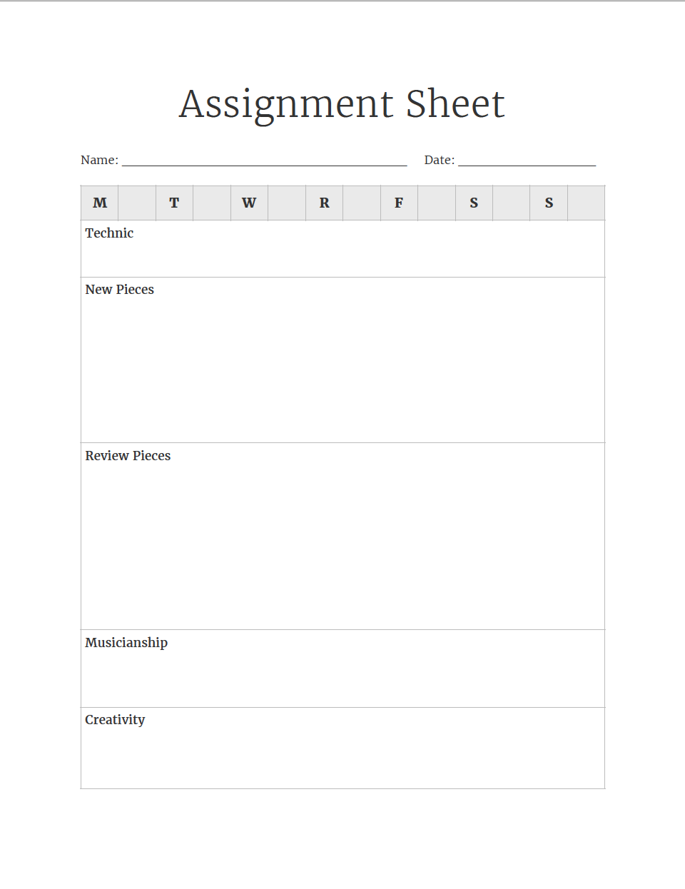 Piano Assignment Sheets