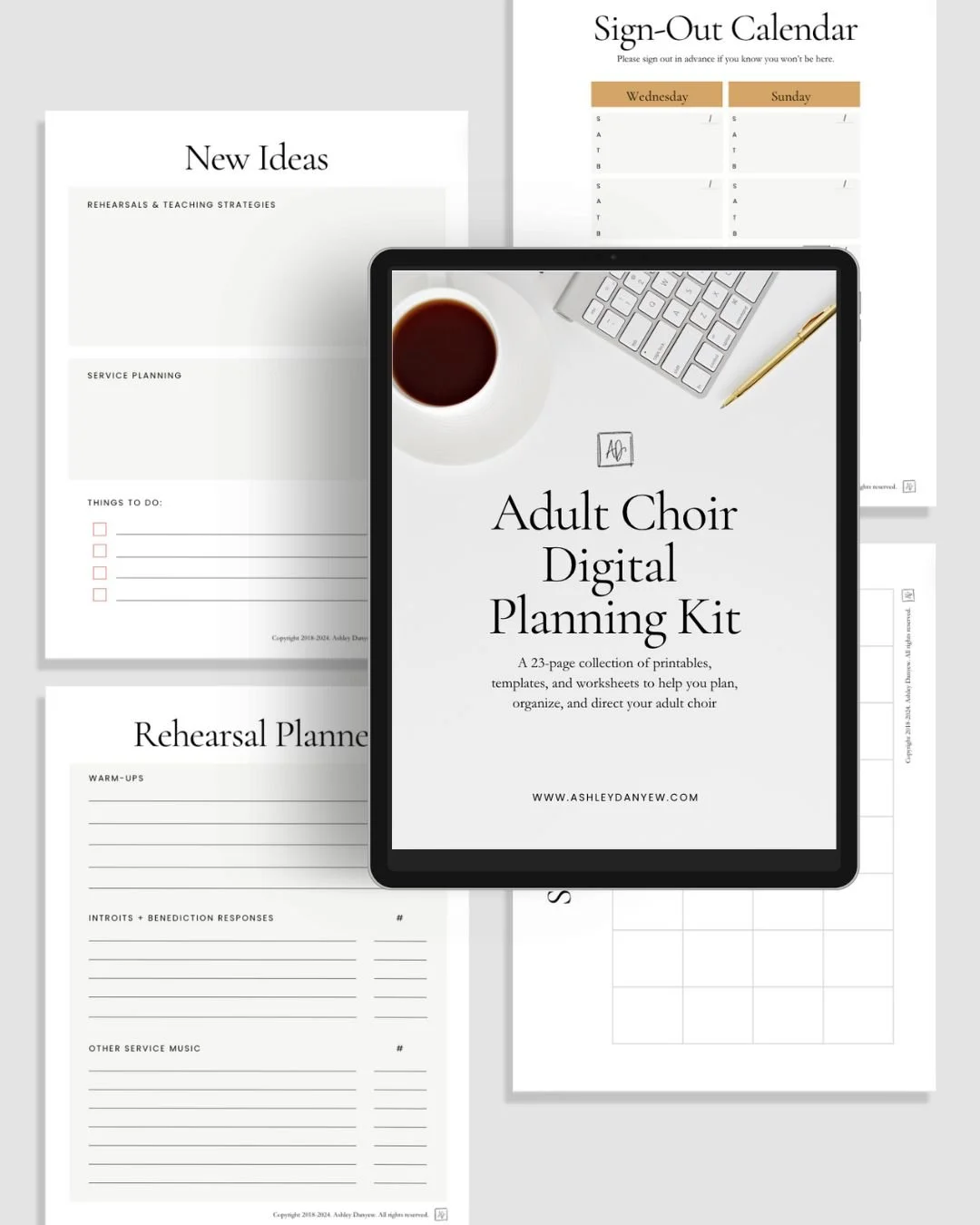 Adult Choir Planning Kit on an iPad on top of loose-leaf printable templates for choir directors