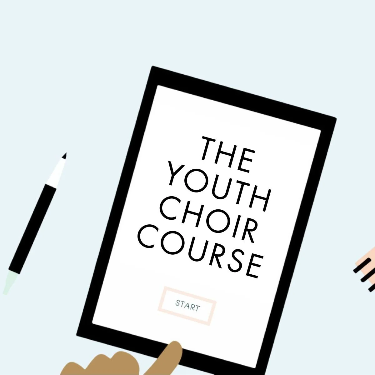 Graphic of finger pointing to iPad with text "The Youth Choir Course"