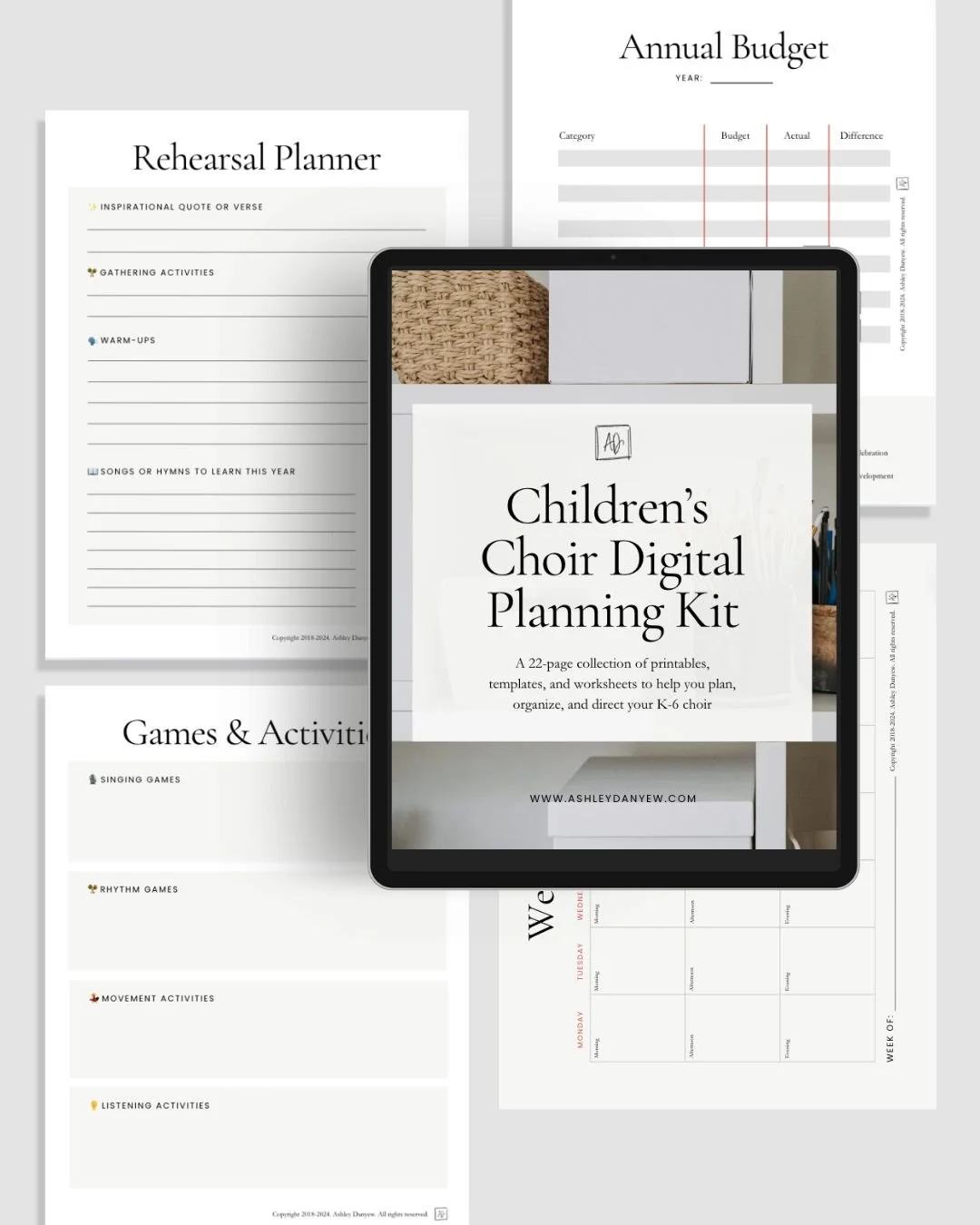 Children's Choir Planning Kit on iPad on top of loose-leaf printable templates for children's choir directors