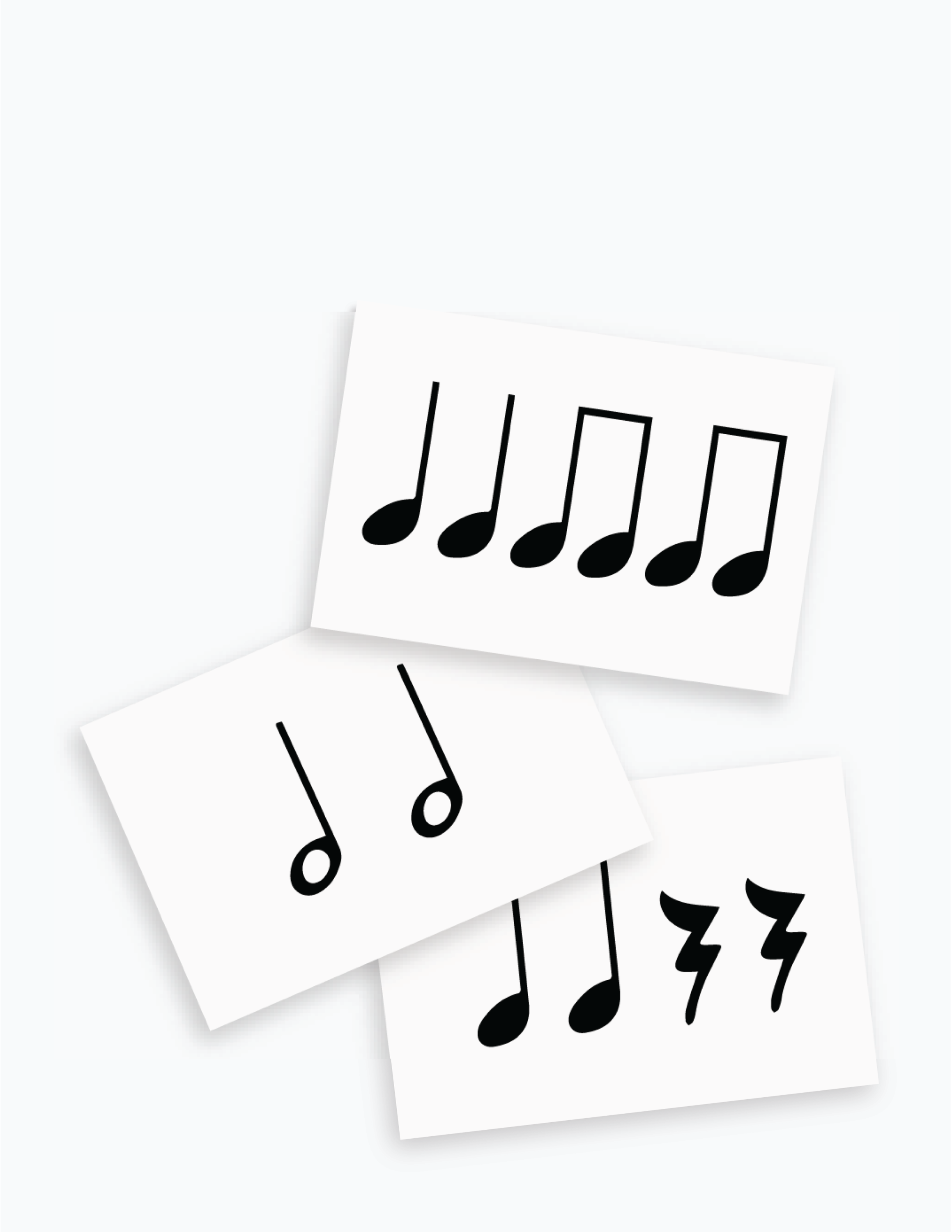 Rhythm pattern cards printed on white cardstock on white background