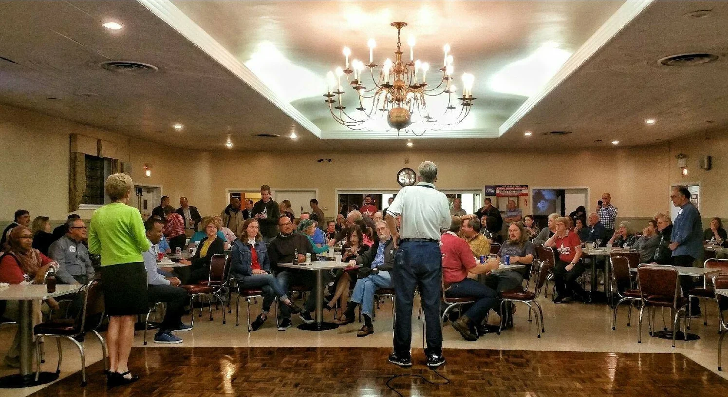 Joe addresses a packed house at the Polish Falcons Club.