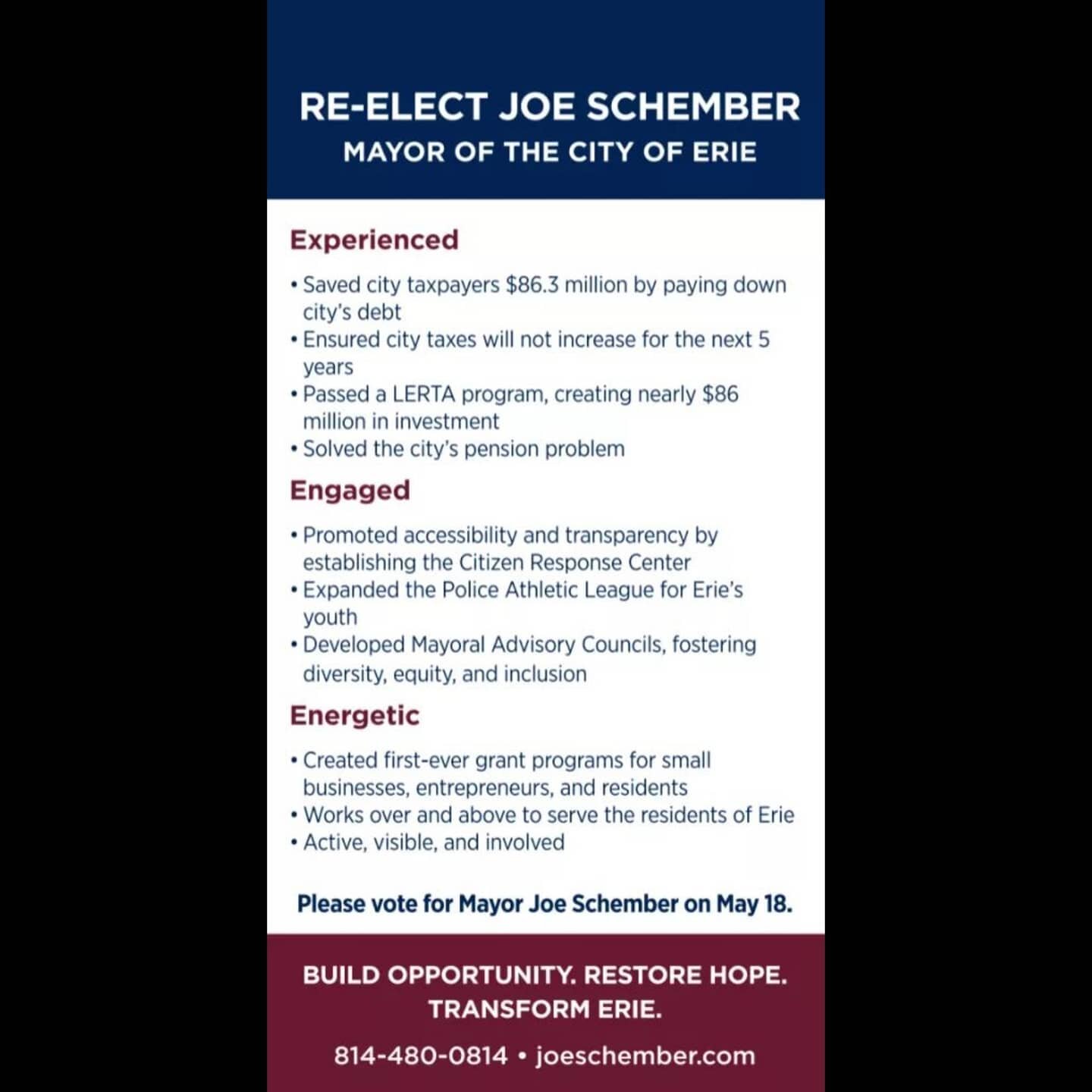 Here are some of the accomplishments my team and I have had over the past 3 1/2 years. We hope to earn your vote on Tuesday May 18th to keep working hard and serving all the people of Erie. 

#teamschember #rememberschember #eriepa #ReElect #4moreyea