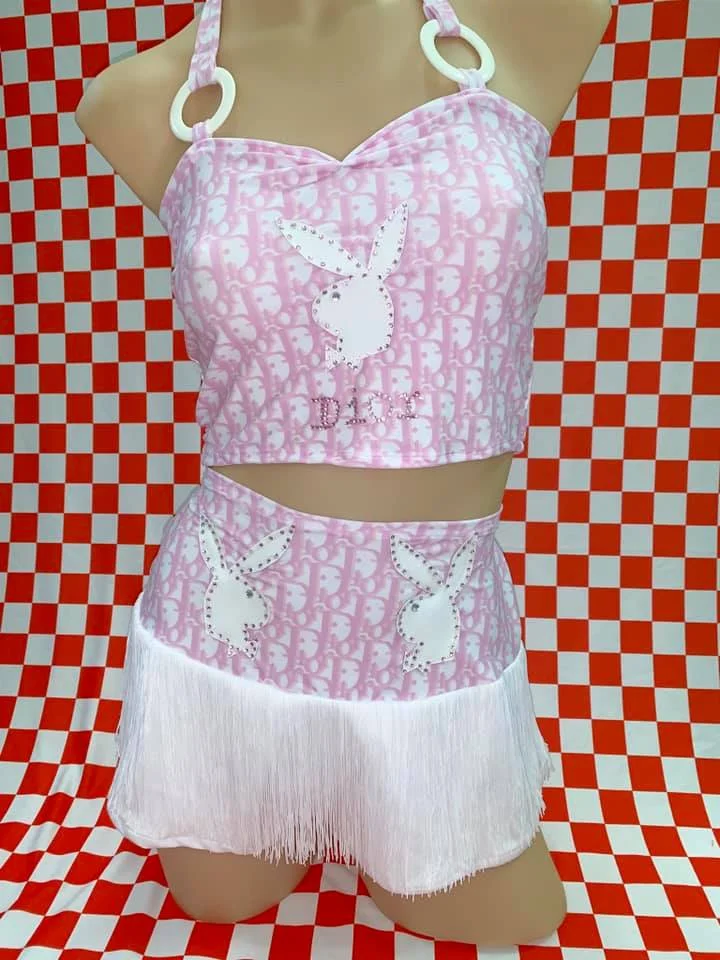 Pink or Blue D Rhinestone Bunny Halter Top