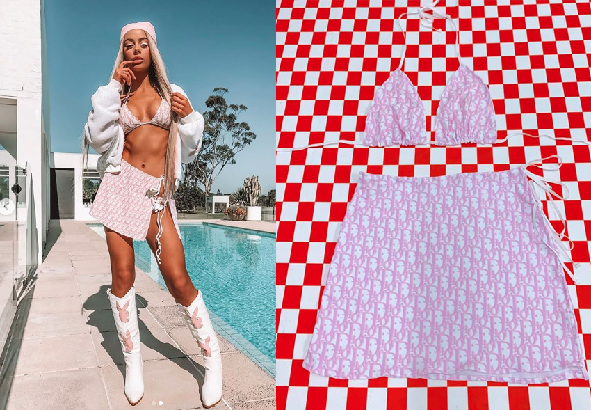 Pink Tie Up Bikini Top and Skirt Set 