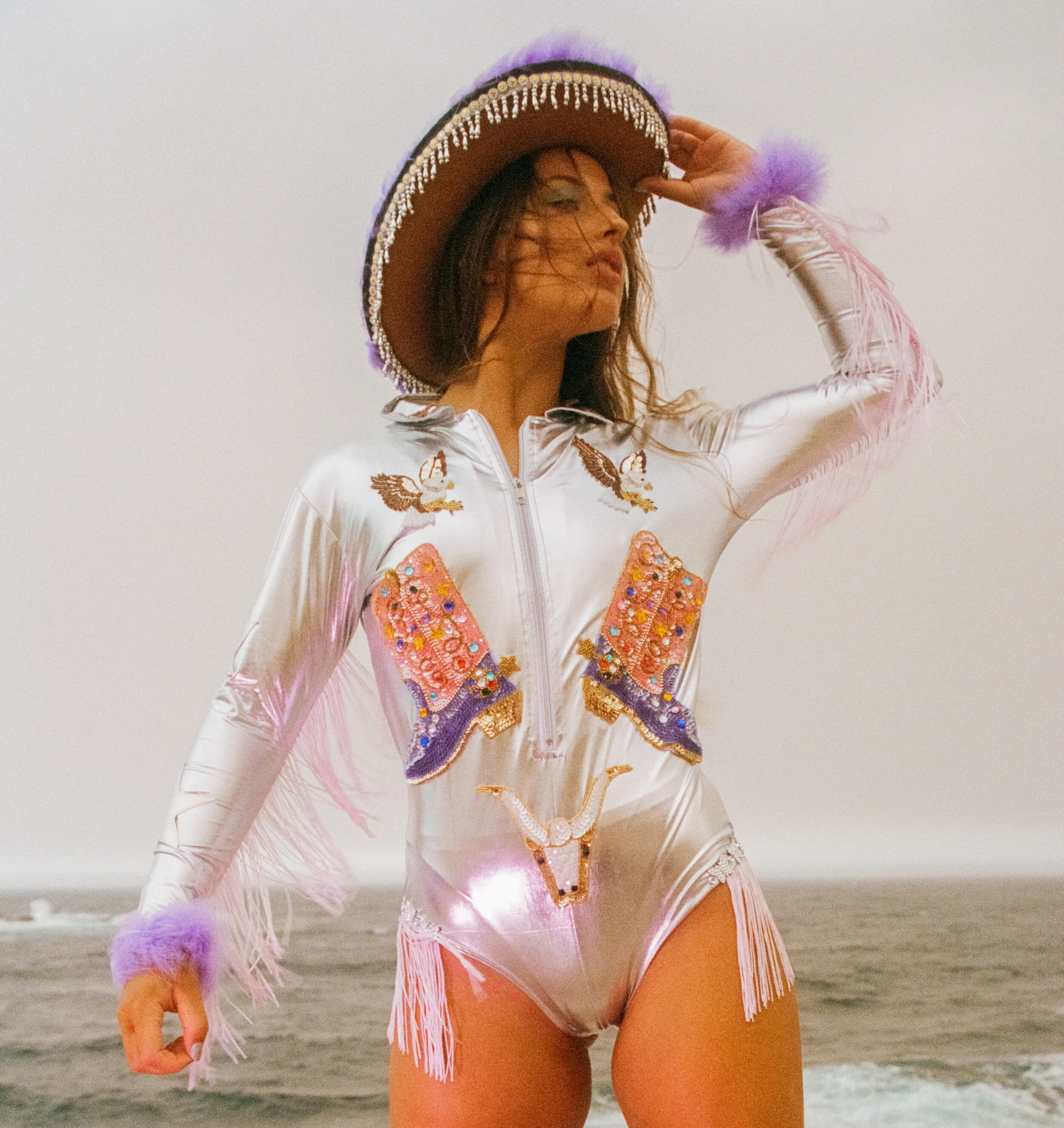 Sequin Silver Metallic Cowgirl Purple Pink Playsuit