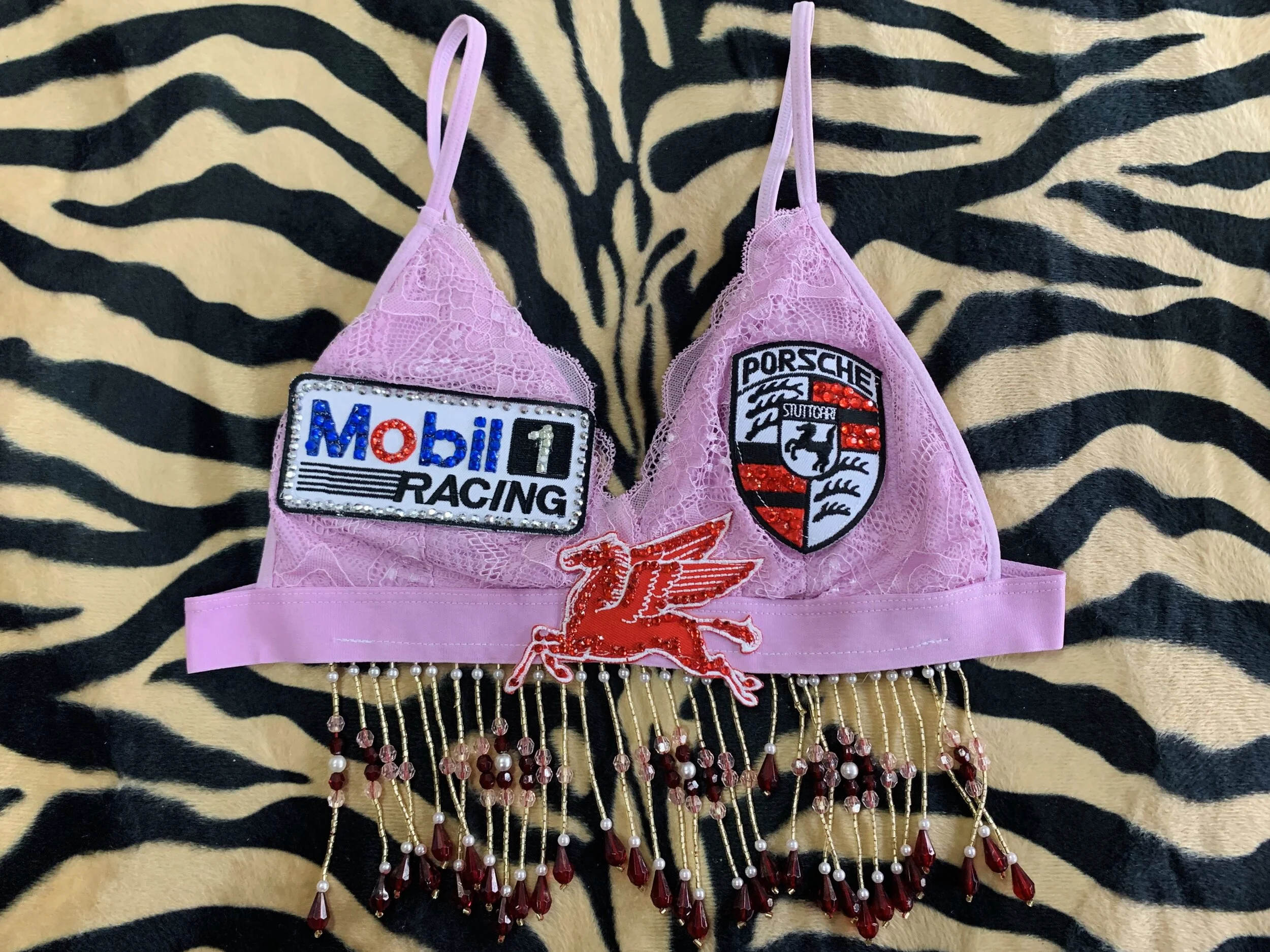 Beaded Pink Mobil Racecar Bralette 