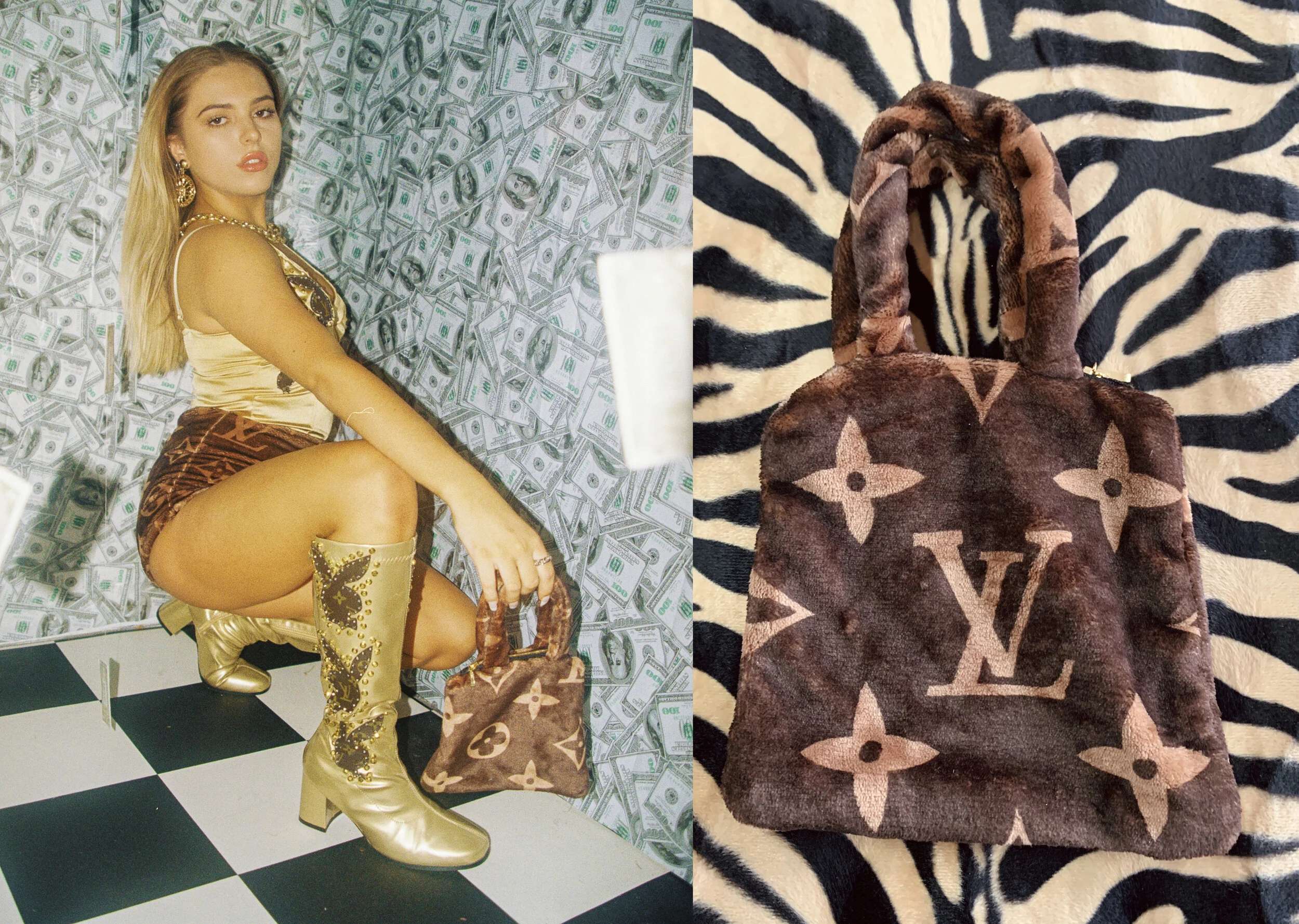 Fluffy Brown L  Square Clutch Bag
