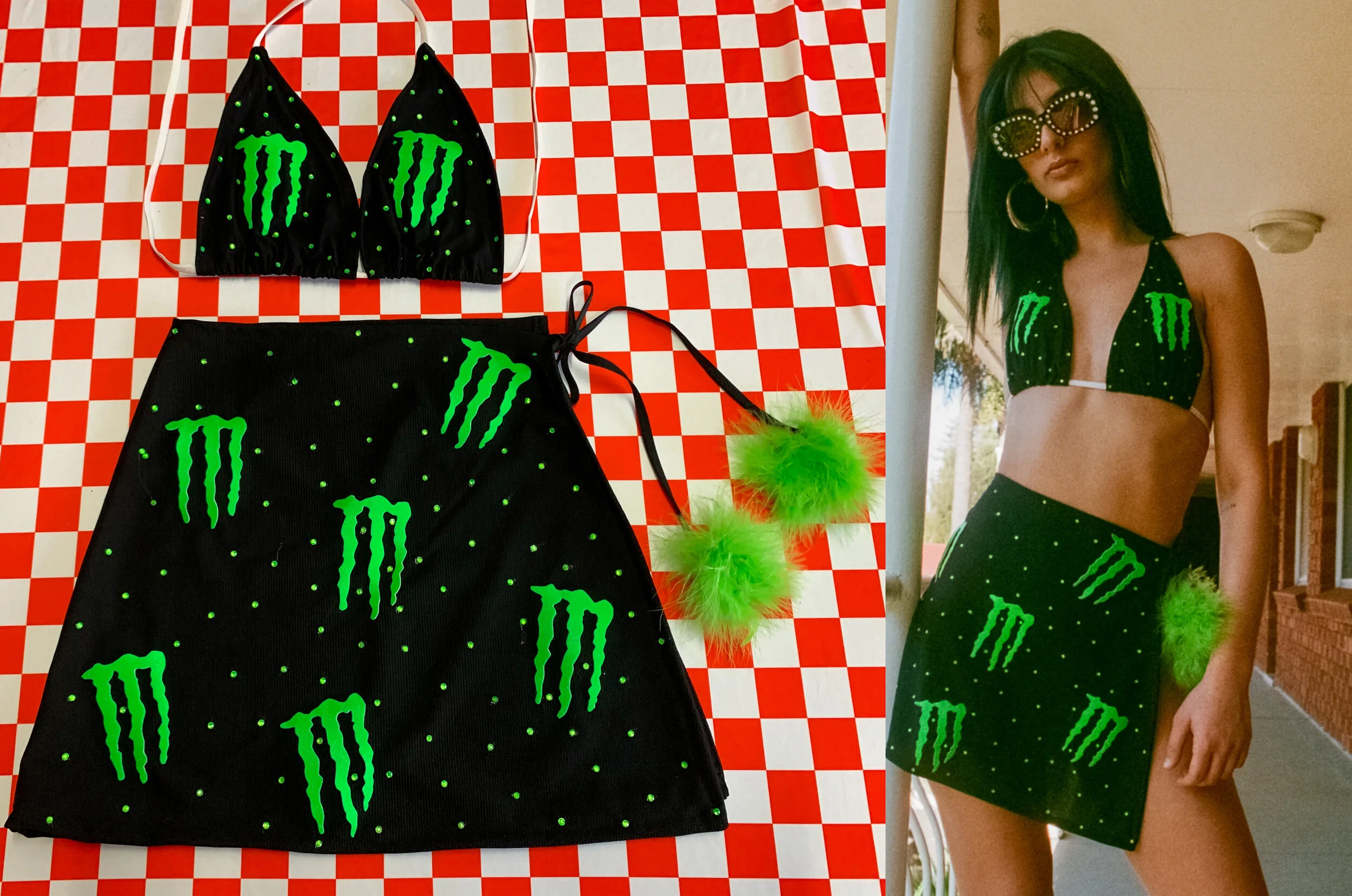 Monster Rhinestoned Black Skirt Set 
