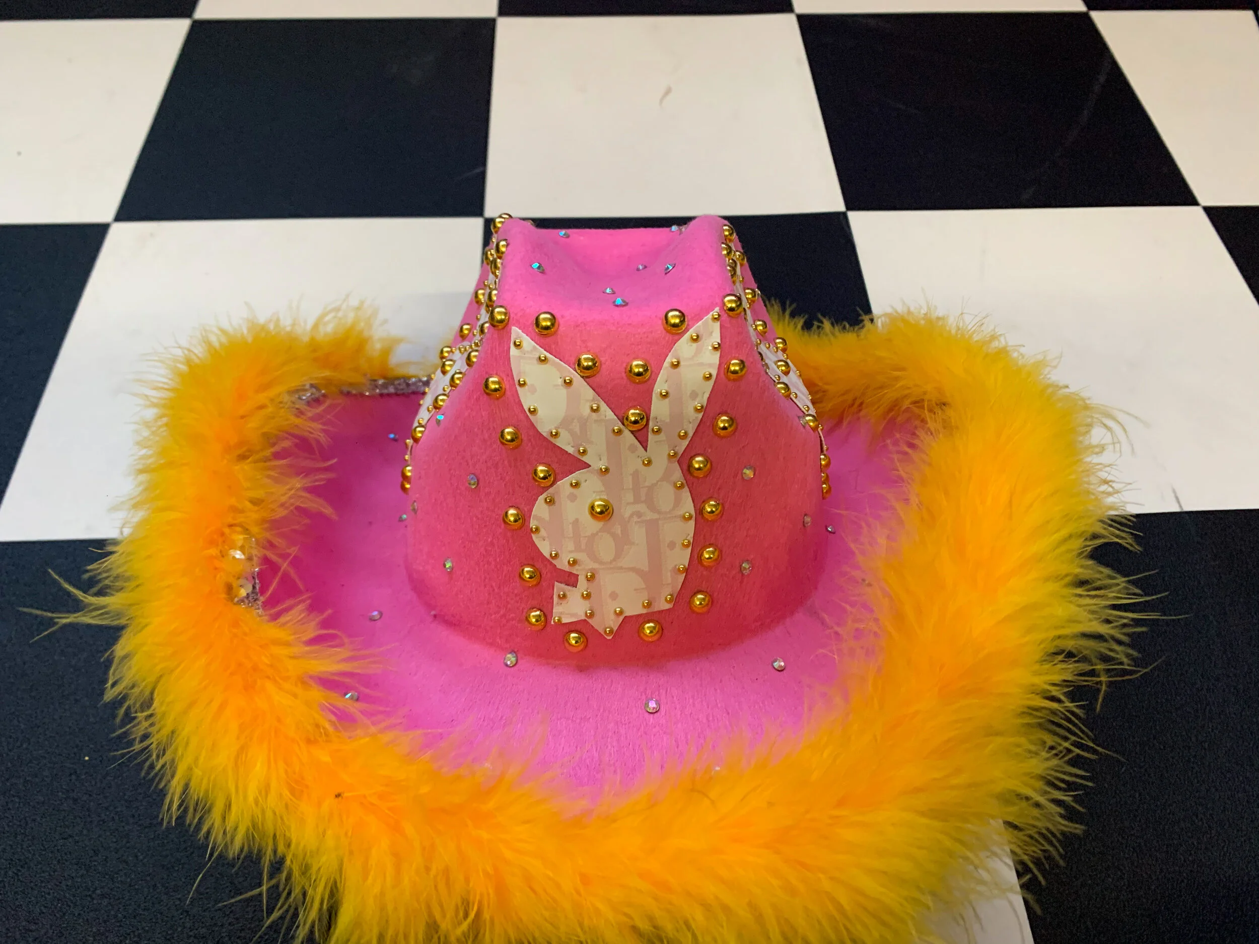 Pink and Yellow Designer Bunny Rhinestone Cowboy Hat 