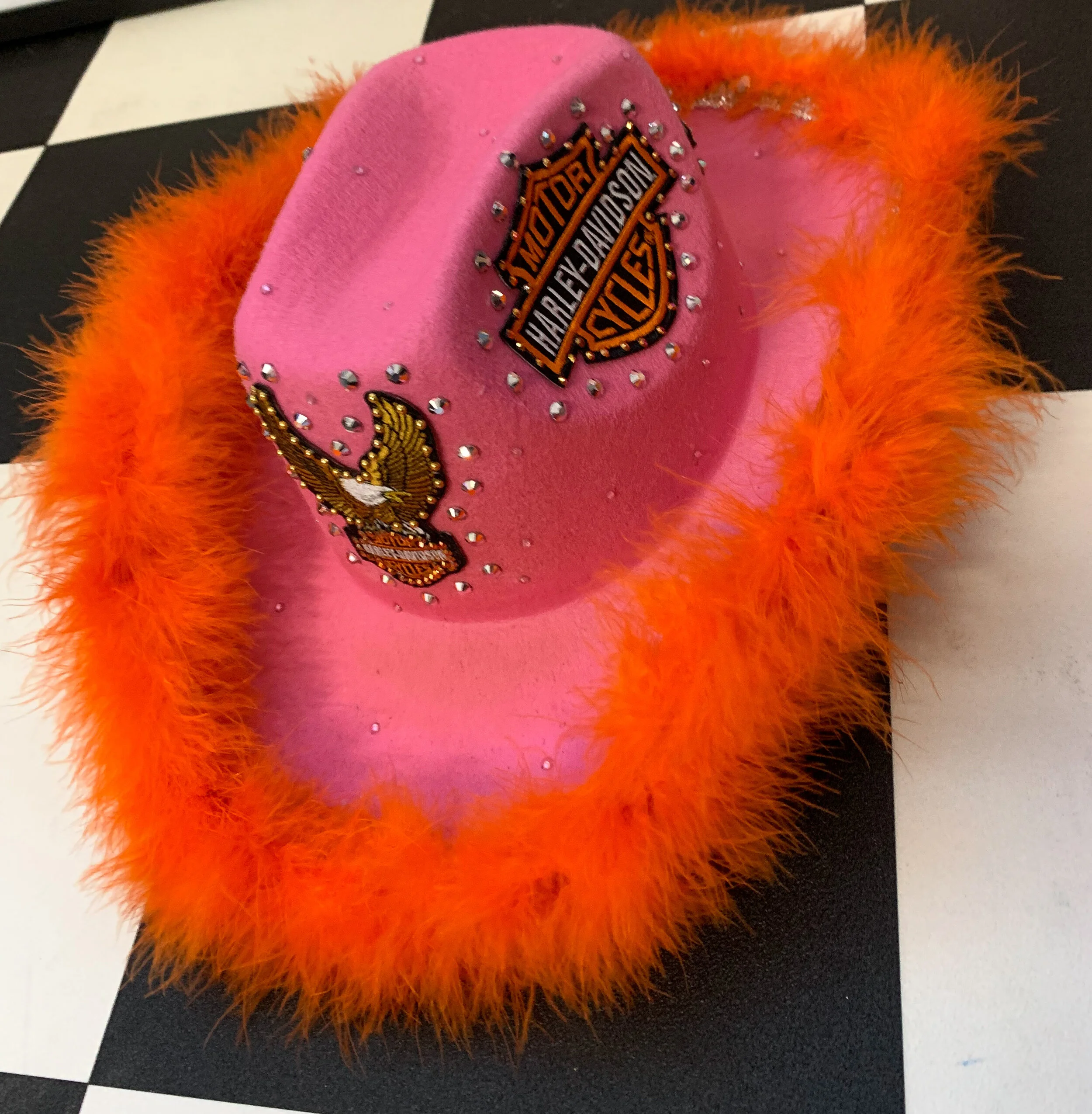 Pink Biker Rhinestone Fluffy Cowboy Hat  