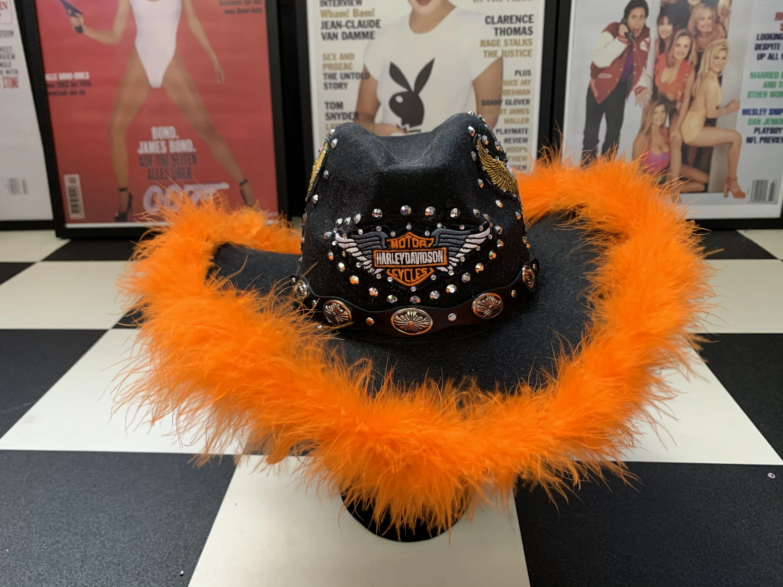 Black Biker Rhinestone Fluffy Cowboy Hat 