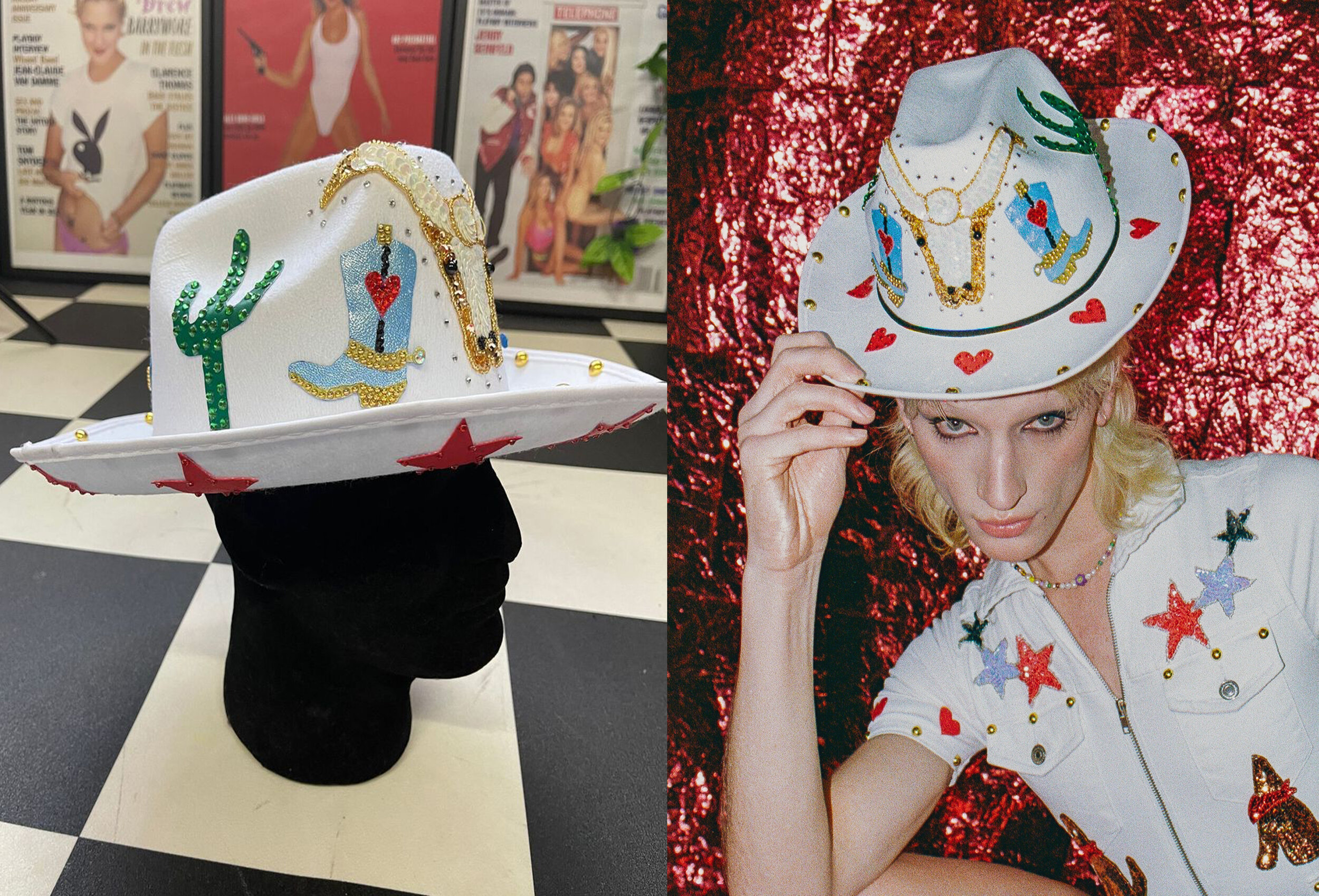 White Rhinestone Cowboy Boot Hat