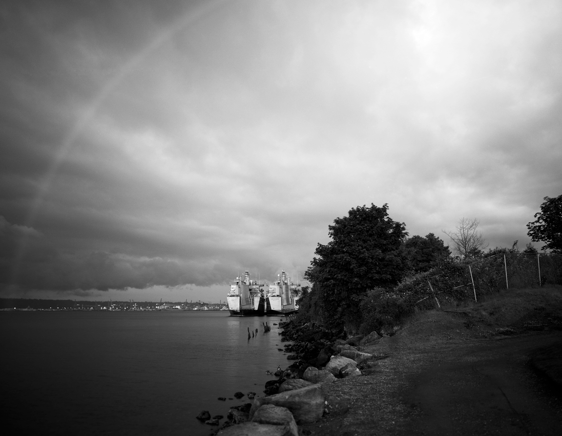 Dusk, MidSummer, With Rainbow And RORO Ships