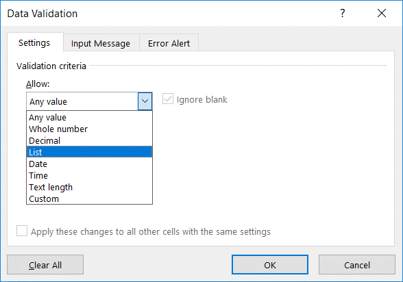 Excel data validation criteria