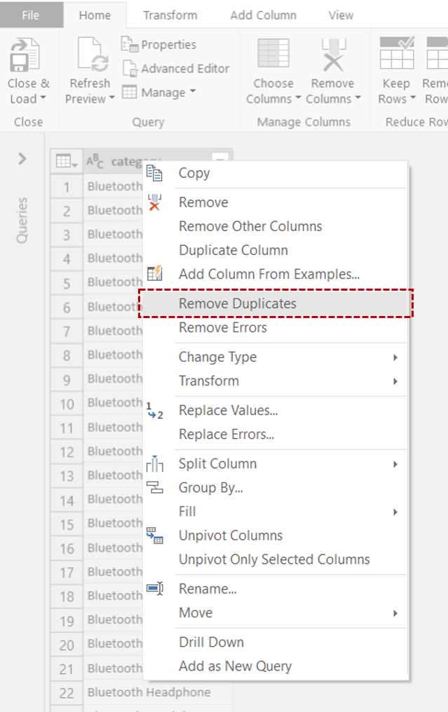 Power Query editor Remove Duplicates