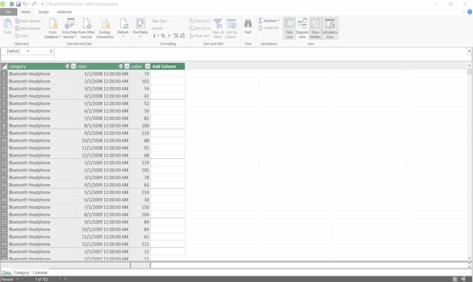 Power Pivot Data Model data view window in Excel