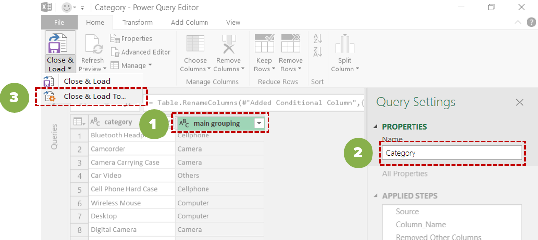 Power Query editor Close & Load To
