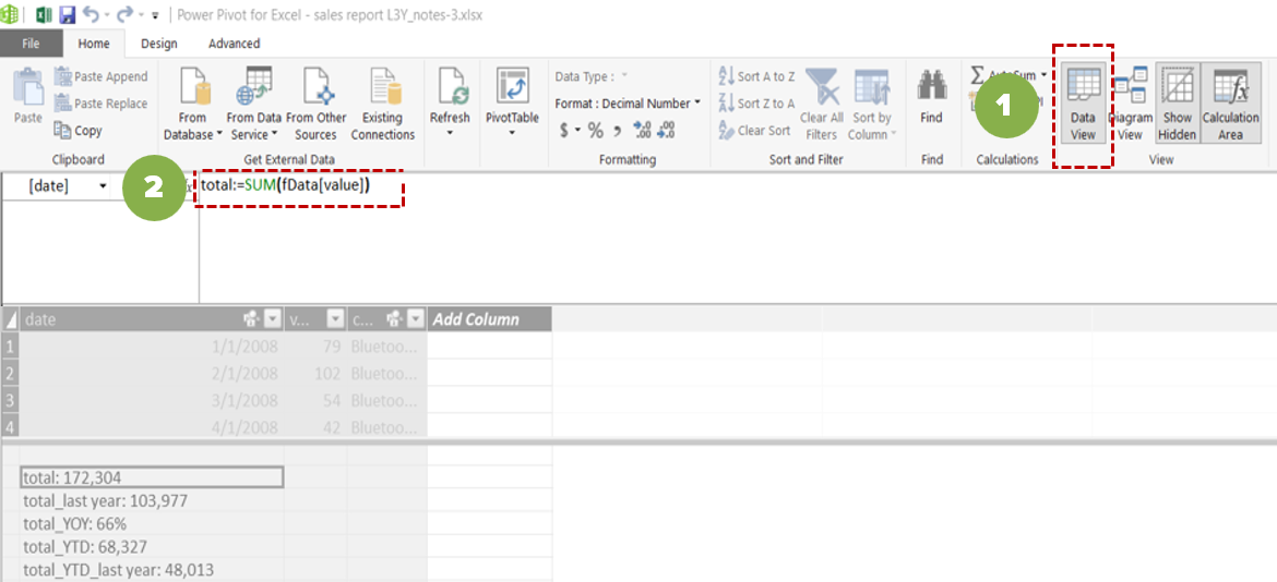 Power Pivot Data Model data view DAX formula SUM