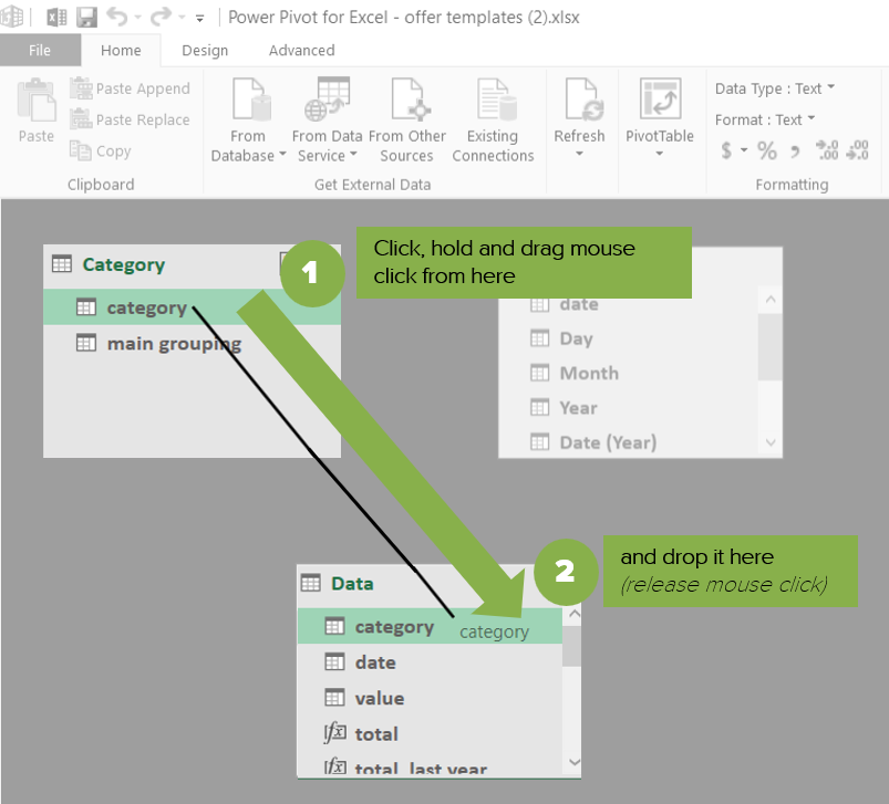 Power Pivot Data Model diagram view drag-and-drop to relate tables