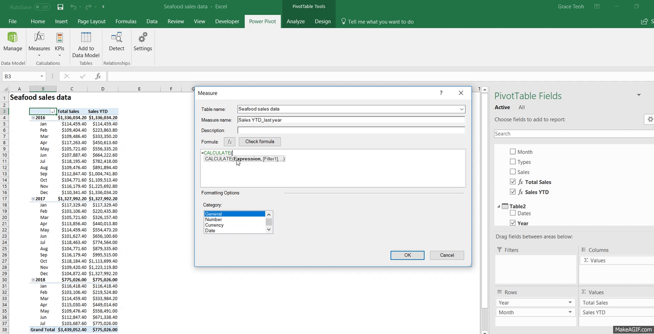 Power Pivot write measure using DAX formula CALCULATE, DATESYTD, and SAMEPERIODLASTYEAR