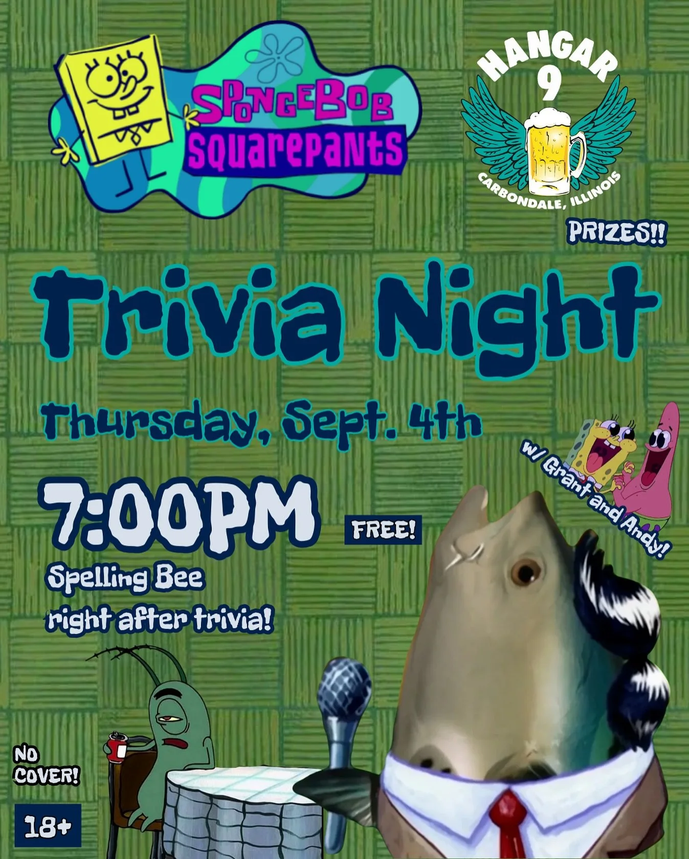 Do you REALLY know ur SpongeBob facts??! 🧐 Sponch Trivia kicks off at 7 PM — free to play, teams up to 6, prizes + bragging rights on the line.
Then stick around for our Spelling Bee Competition. No cover, and more prizes!
#CarbondaleIL #god