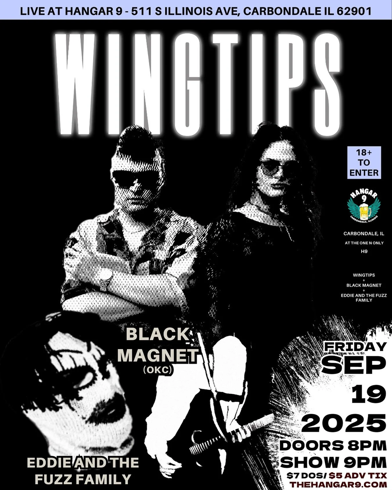 🖤 Hangar 9 presents Wingtips, Black Magnet, and Eddie & the Fuzz Family for a night that spans darkwave, industrial metal, and raw rock ‘n’ roll.
Wingtips bring their nostalgic-yet-futuristic post-punk and synth-driven sound, Black
