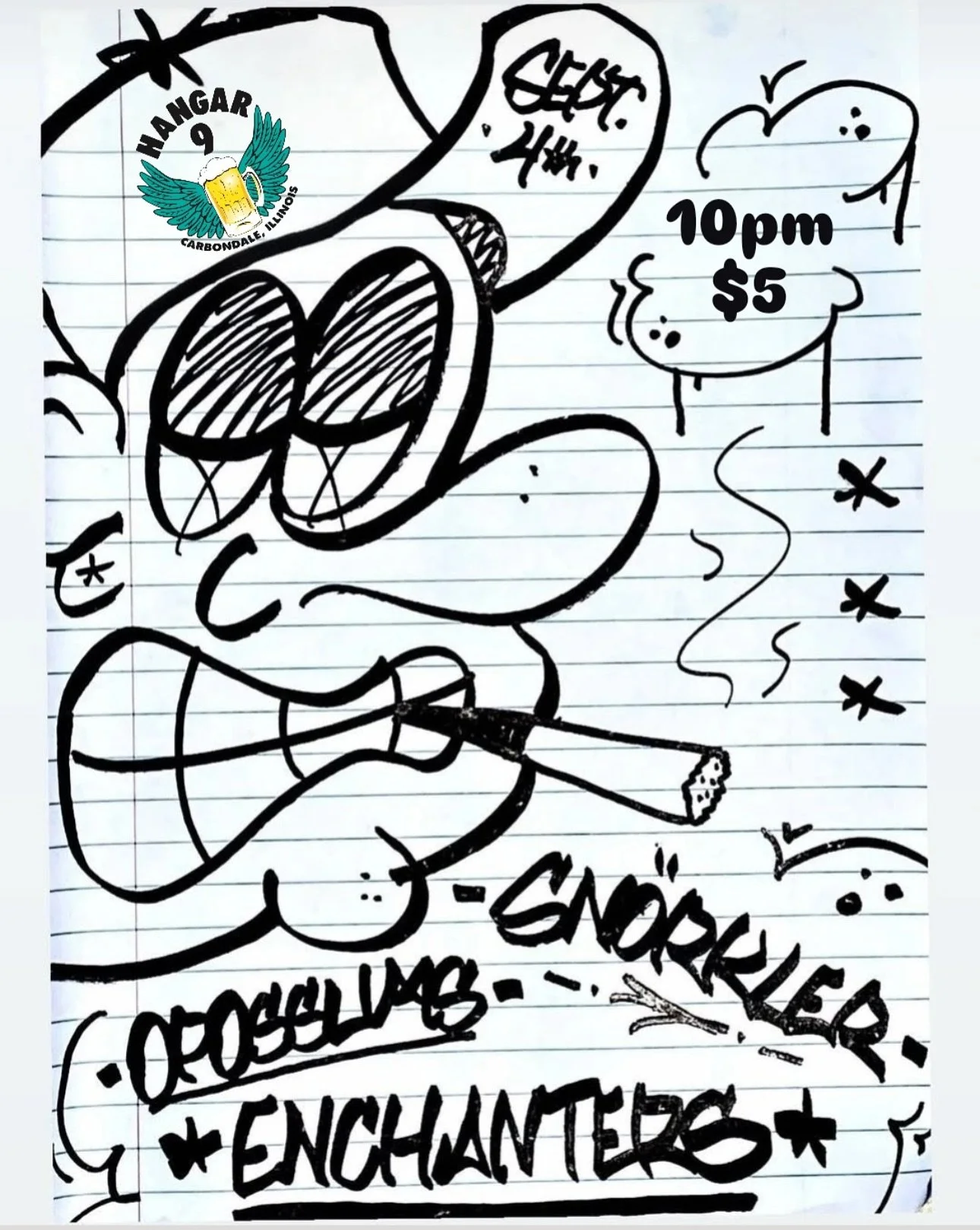 This show needed a venue change and we’re happy to host it! THIS THURSDAY (TOMRROW) @ 10 PM AFTER SPONGEBOB TRIVIA AND SPELLING BEE w/ @snorklerband @opossumsband (Both from Memphis, TN) and Enchanters (CDALE) , 5 buckaroonies