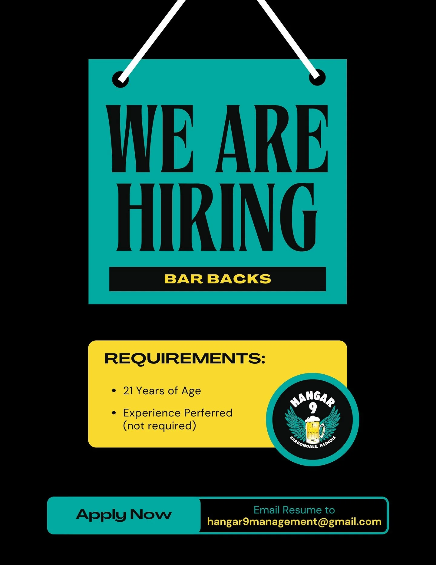 Hiring multiple! Send your resume to hangar9management@gmail.com you can also apply at the bar! Just ask for an application.