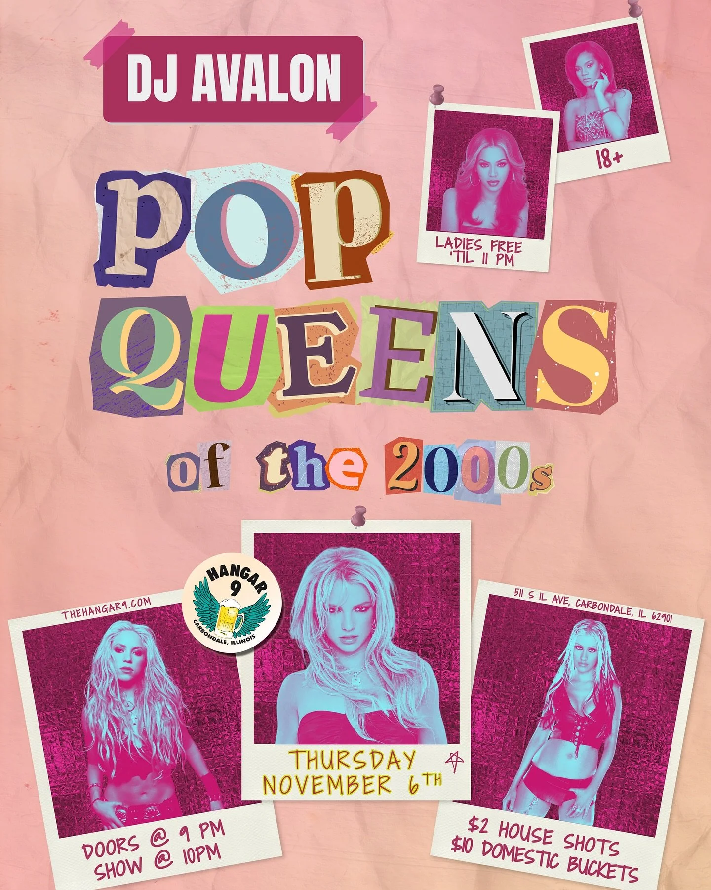 Pop Queens. Y2K beats. All the attitude. 💖✨
Join us Thursday, Nov 6 for a full night of Britney, Beyoncé, Gaga, and more-spun by DJ Avalon.
Enjoy drink specials all night long: $2 House Shots and $10 Domestic Buckets. Doors open at 9 PM, sh