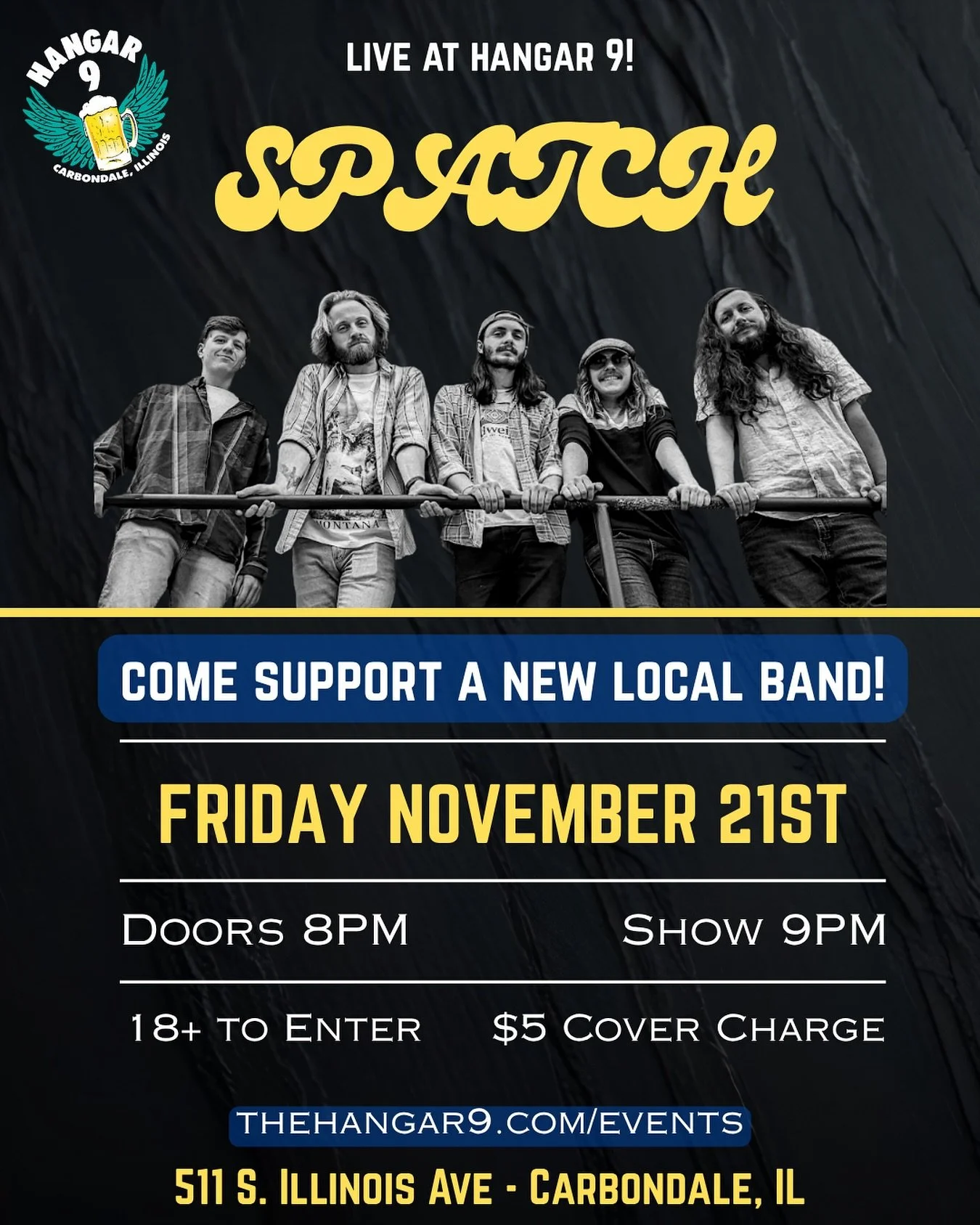 THIS FRIDAY @spatchtheband pulls up to Hangar 9 with a night of raw sound, bluesy grit, and full-on jam energy. 🎸🔥
Friday, November 21
Doors at 8pm &bull; Music at 9pm
18+ &bull; 5 Bucks!
511 S Illinois Ave, Carbondale IL /// at the 9
