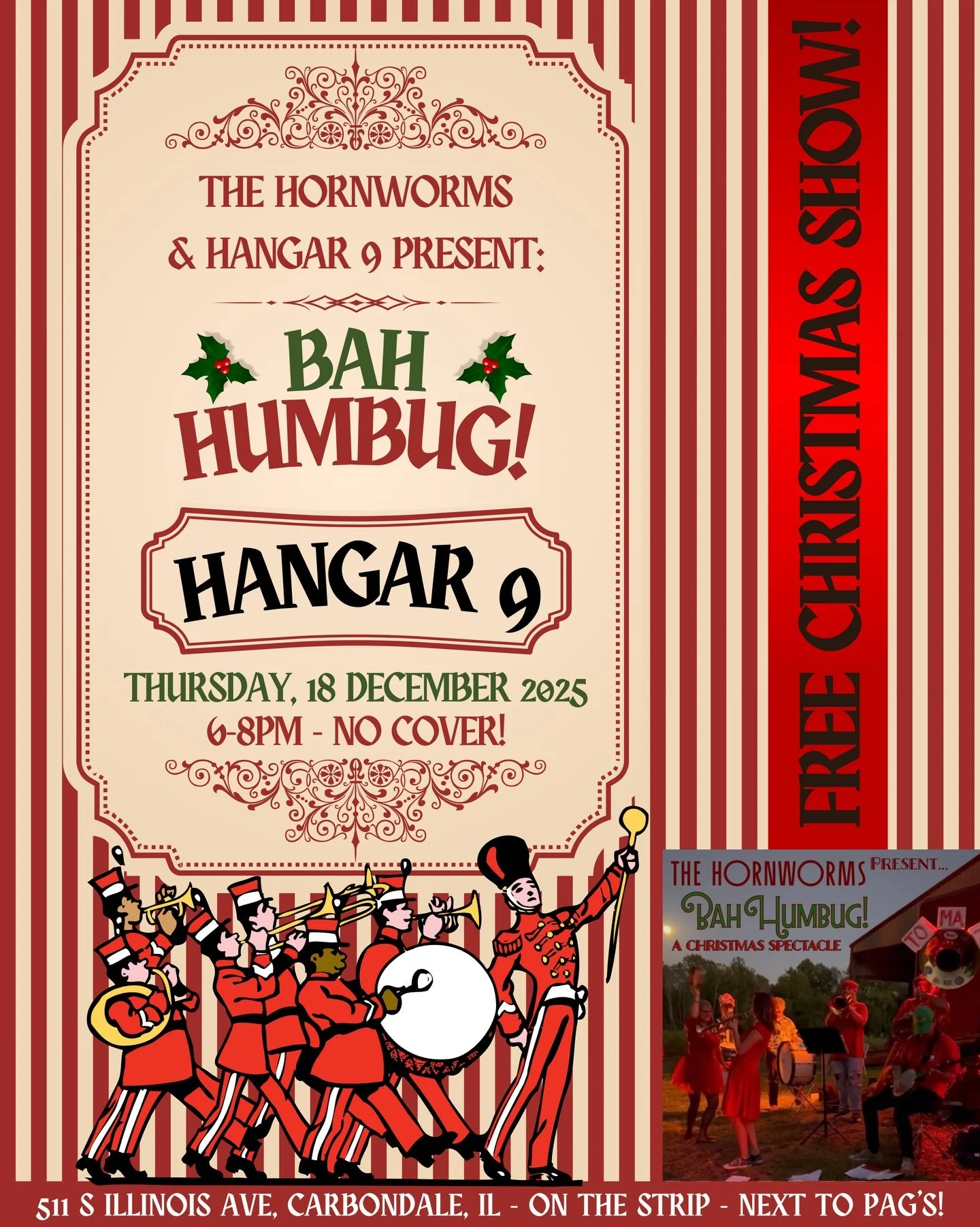 Bah Humbug! 🎄🎺
A FREE Christmas show with The Hornworms &mdash; Thursday, DEC 18th at Hangar 9, 6&ndash;8pm. No cover!