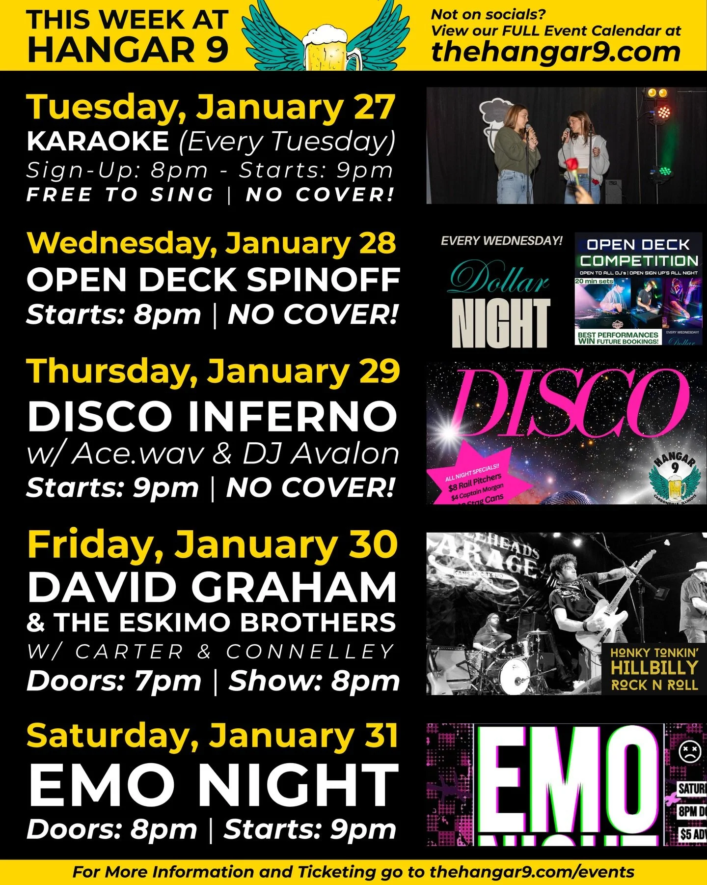 Hope you stayed cozy!! ❄️ Though we love sledding, school cancellation notifs and being tucked in bed watching heated rivalry edits we miss ya!! 
Here&rsquo;s what&rsquo;s happening this week at Hangar 9!