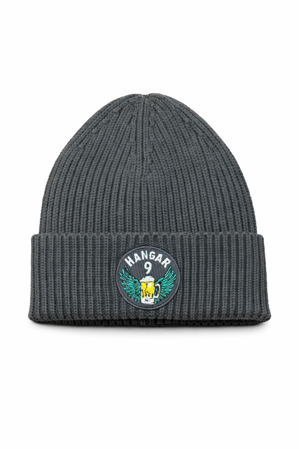 Charcoal beanie with embroidered Hangar 9 patch.png