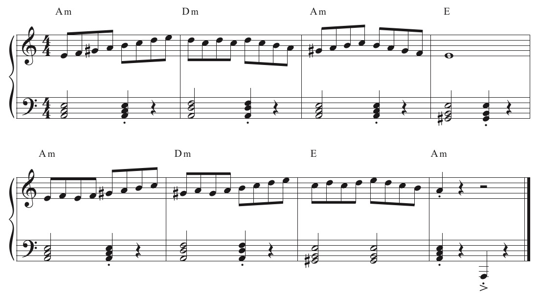 Explore : Improvise a similar right-hand line over primary chords by doodling around on the harmonic minor scale. Emphasize the raised 7th (G# in A minor) and don’t worry about whether or not to play chord tones.