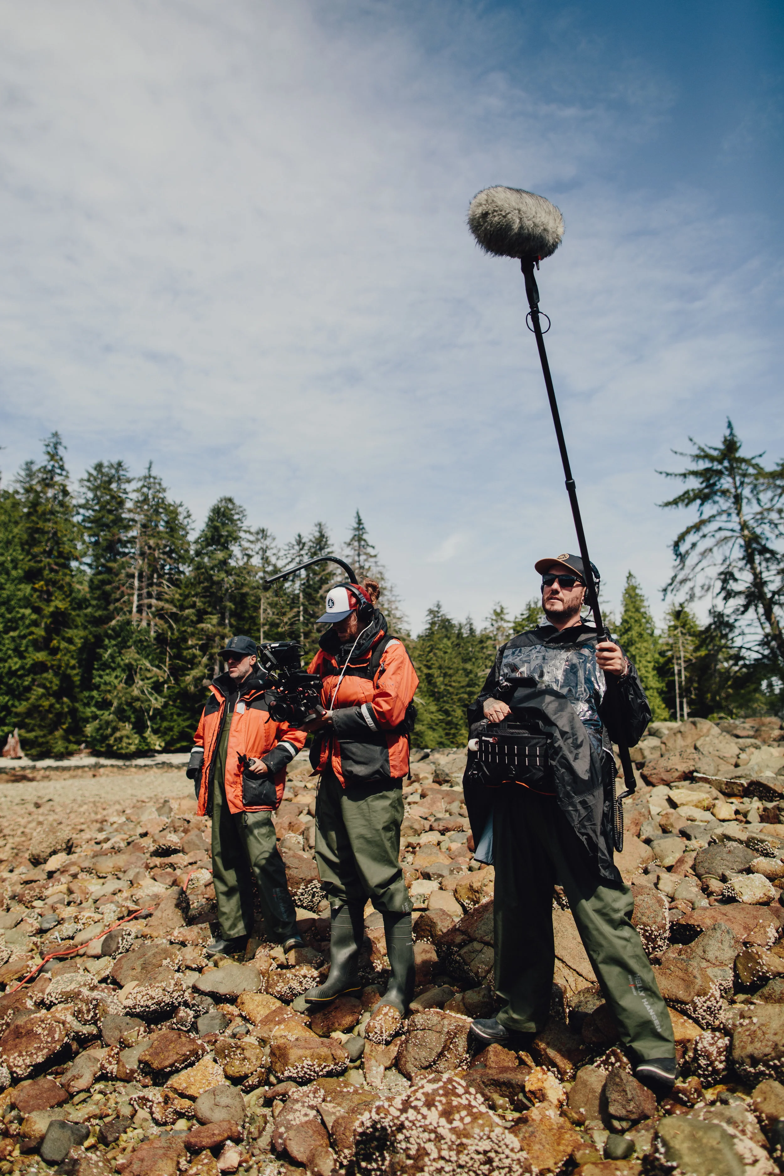 Working hard on barnacles. (Left to Right) Director Patrick Sisam, DP Jonah Wyn Pugh, and Sound Scott Taylor.