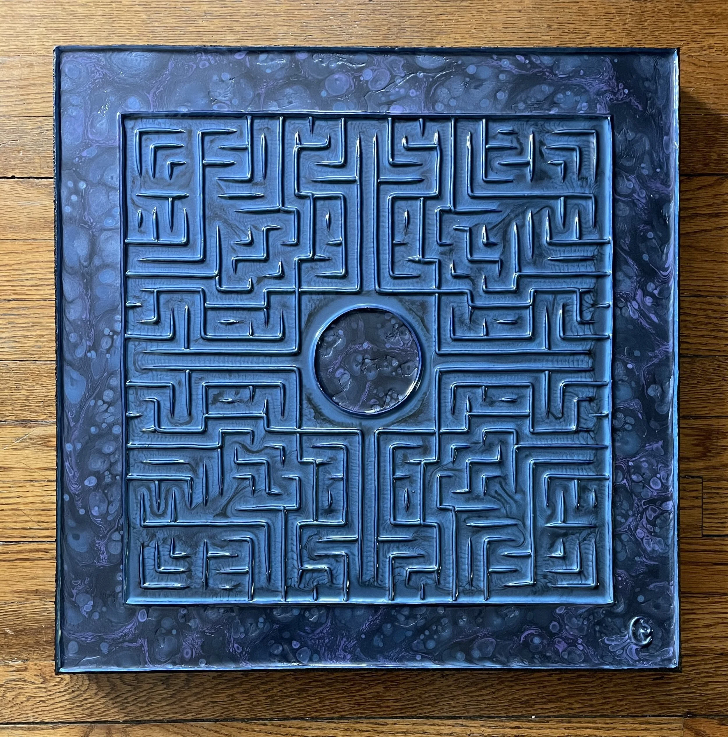 'mottled indigo' 20"x20", a yes maze with only ‘right’ answers, SOLD