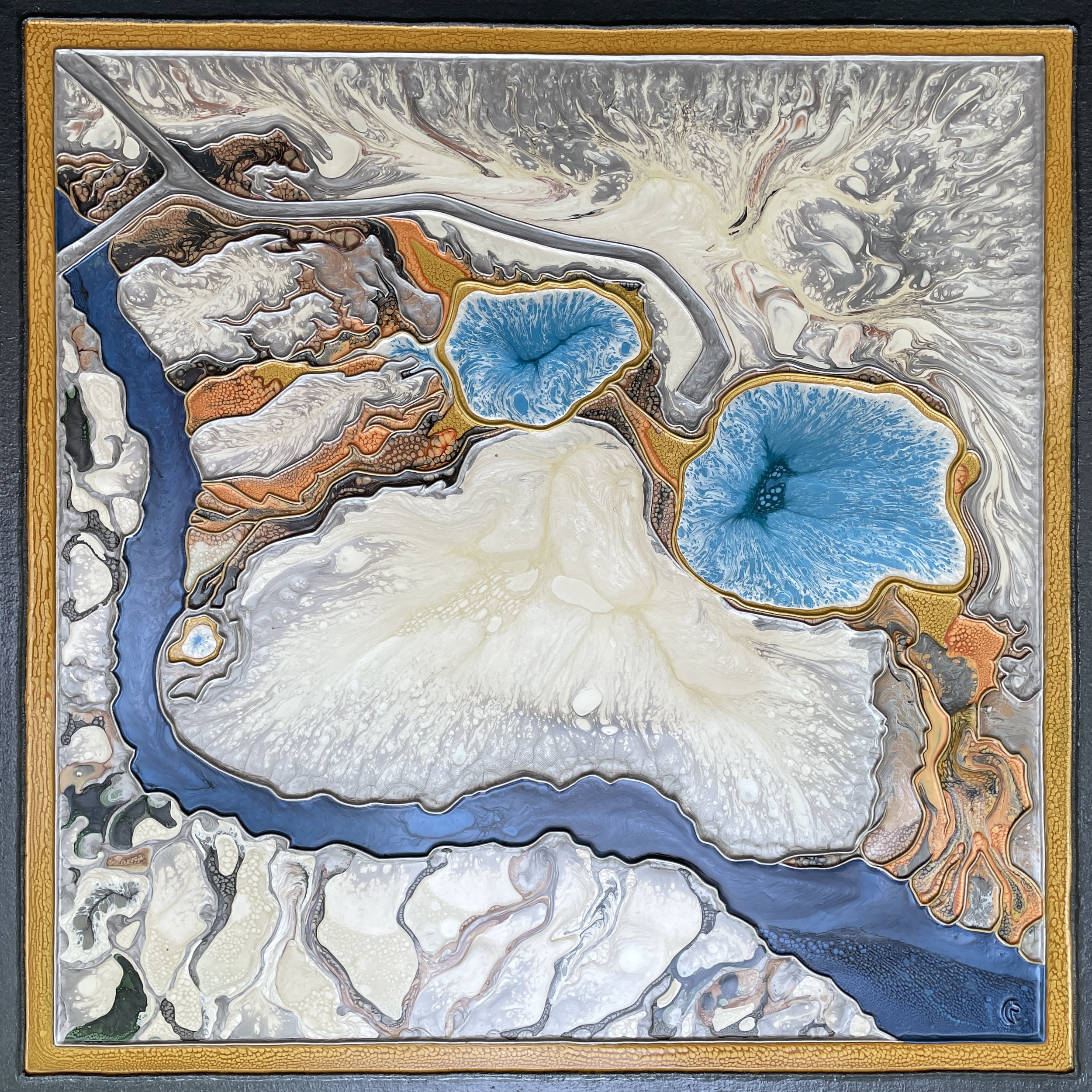 the rainbow and sunset pools of the black sand basin of yellowstone, 36x36, $2,800