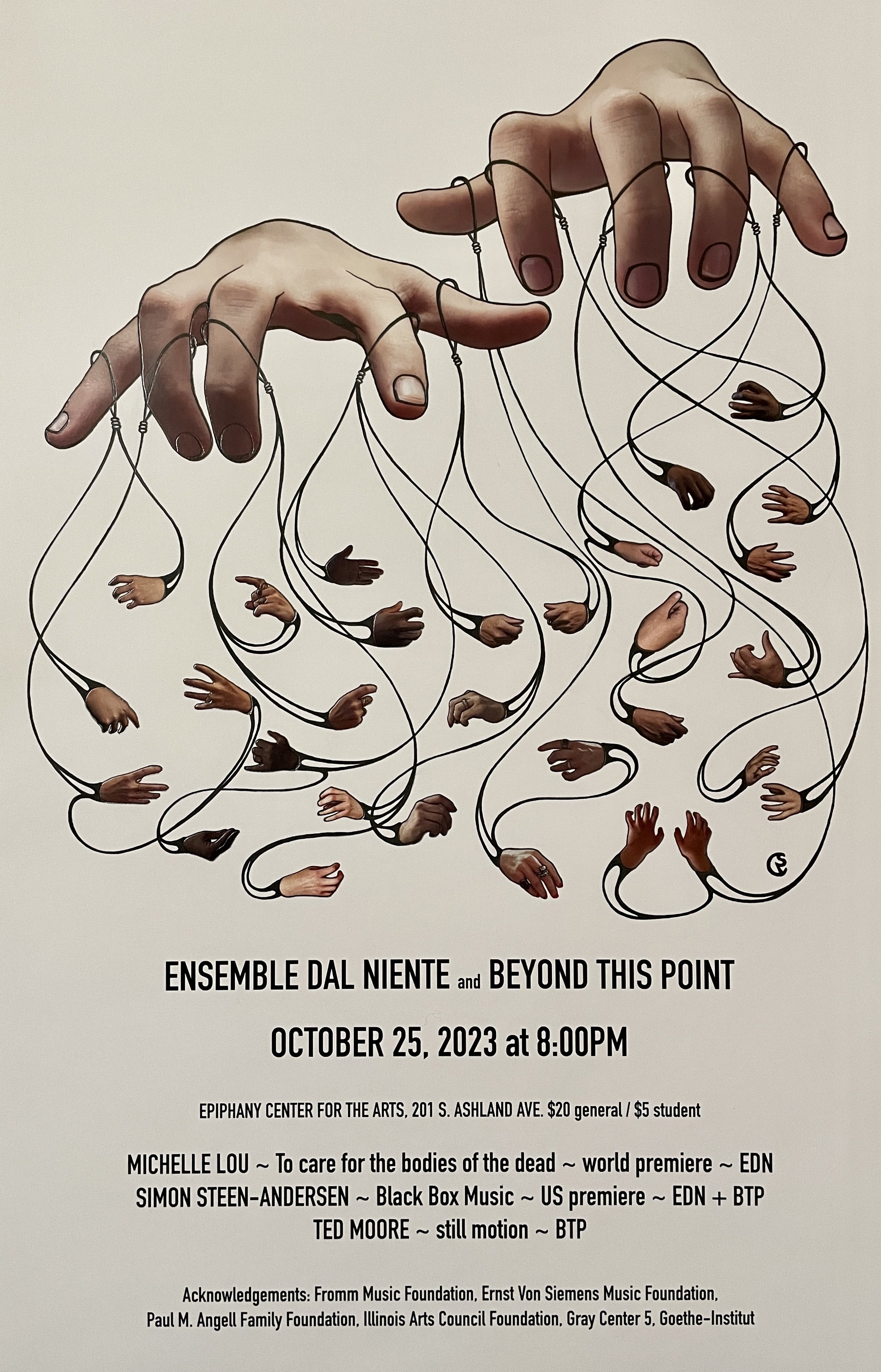 imagery inspired by Simon Steen-Andersen’s ‘Black Box Music’, where an oversized pair of hands presents an exaggerated conducting performance, accompanied by 15 instrumentalists.