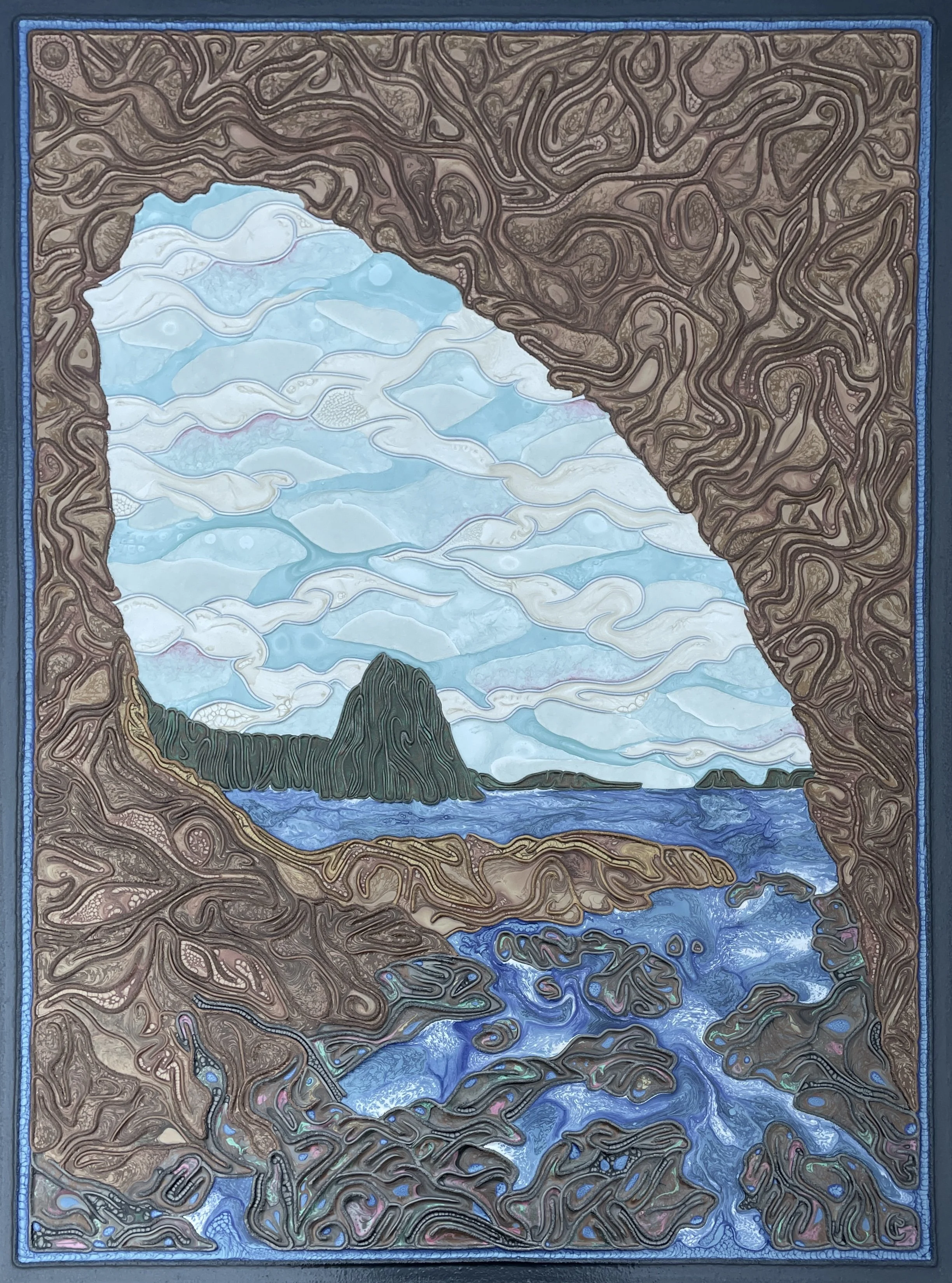 hole in the wall at rialto beach, a solvable maze, 48x36, 2024, $12,500
