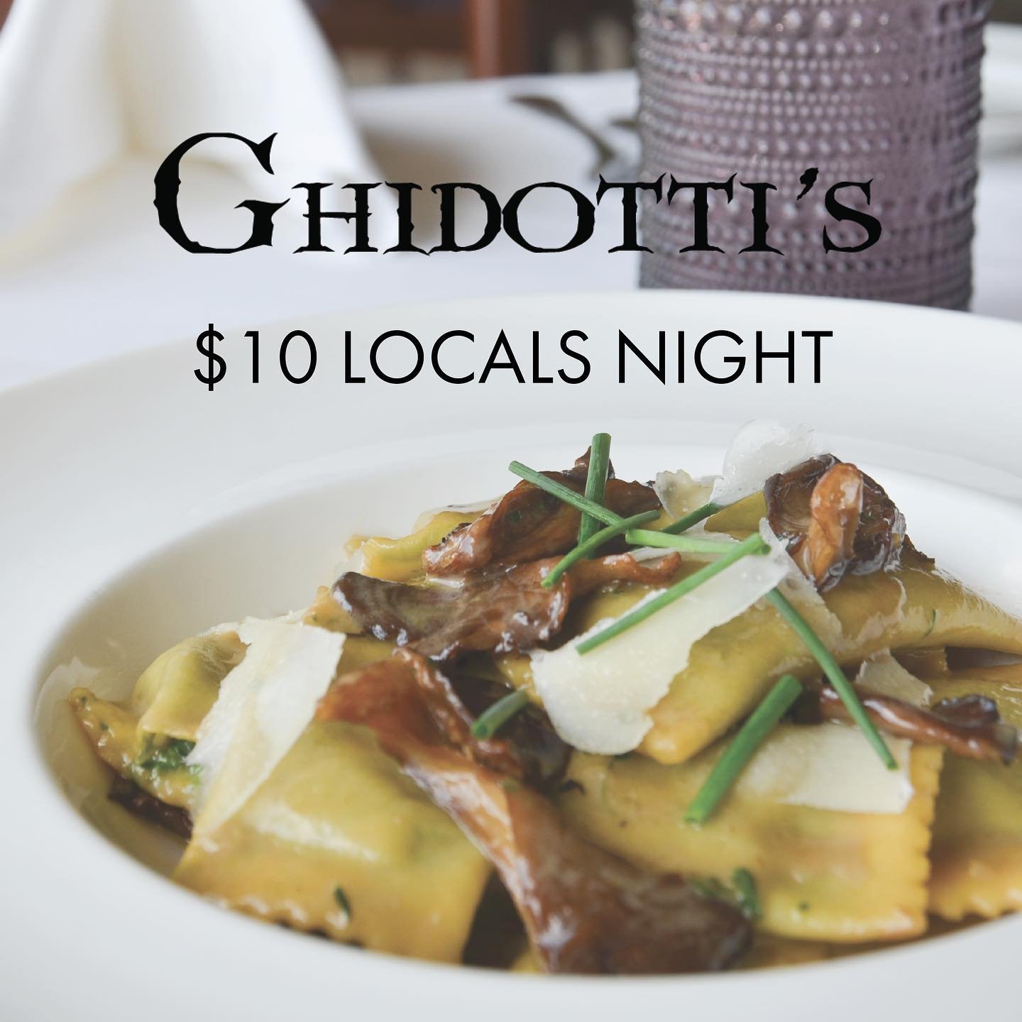 $10 LOCALS NIGHT STARTS TODAY!
Come on in and enjoy pasta, salads, and appetizers for $10 every THURSDAY in august and September 
&bull;
&bull;
&bull;
&bull;
&nbsp;#Ghidottis #parkcity #parkcityeats #foodandwine #wine #finedining #foodie #bestrestaur