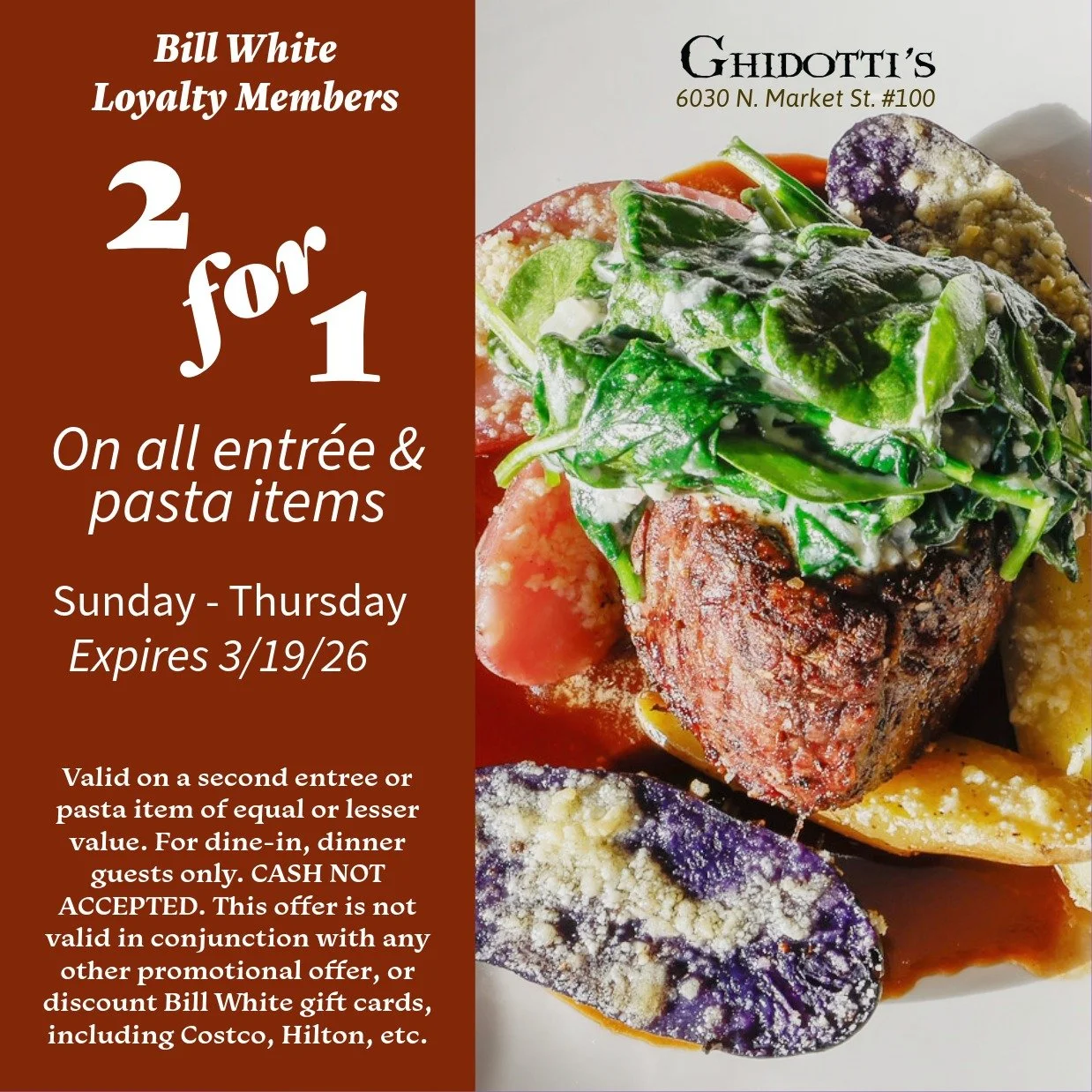 Looking for a fun night out? Why not pair a delicious dinner with a movie! If you&rsquo;re in Kimball Junction, right next to the Megaplex, Bill White Loyalty members can enjoy a special offer: buy one entr&eacute;e or pasta at Ghidotti&rsquo;s and g