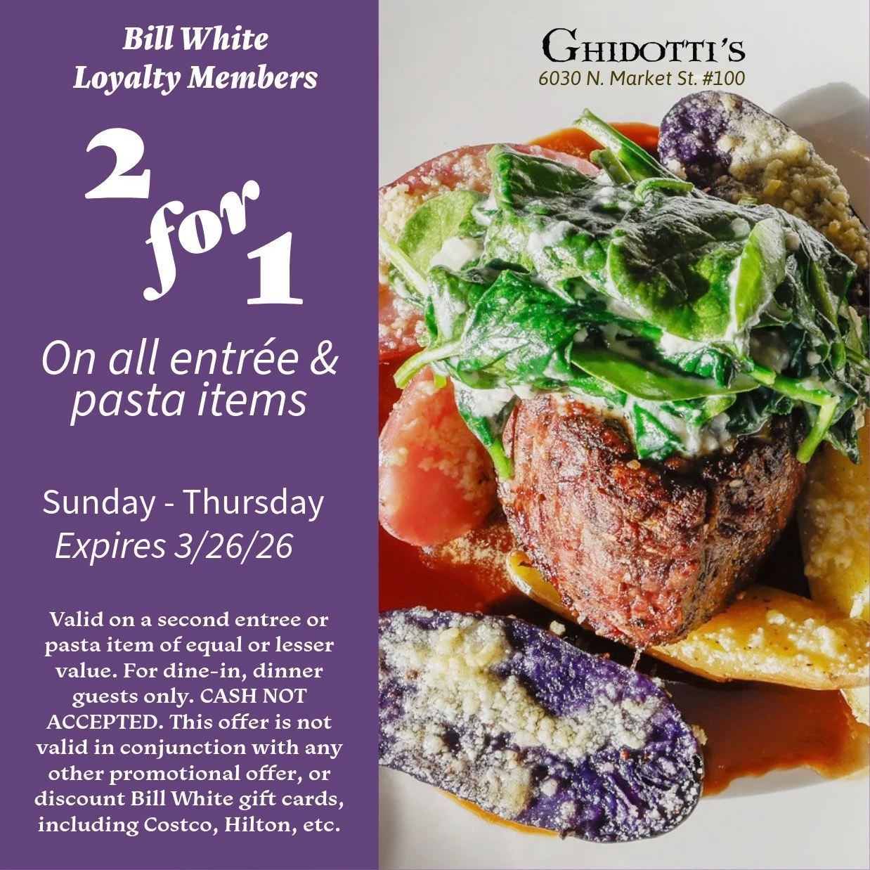 Bill White Loyalty members can enjoy a special offer: buy one entr&eacute;e or pasta at Ghidotti&rsquo;s and get the second (of equal or lesser value) free. Just mention this promotion to your server. #parkcityrestaurants #parkcityfood