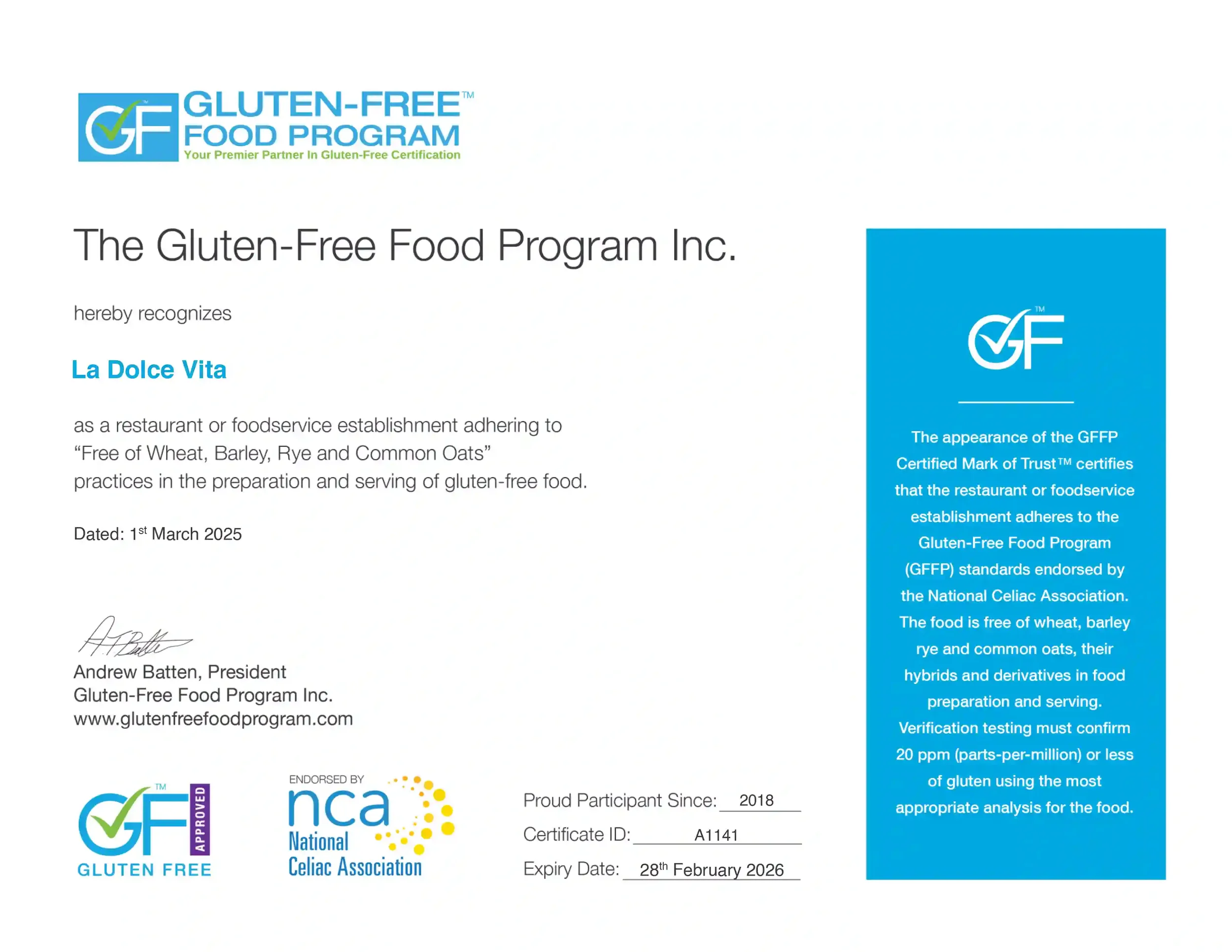 Gluten-Free Food Program certification for La Dolce Vita Italian restaurant in Ottawa