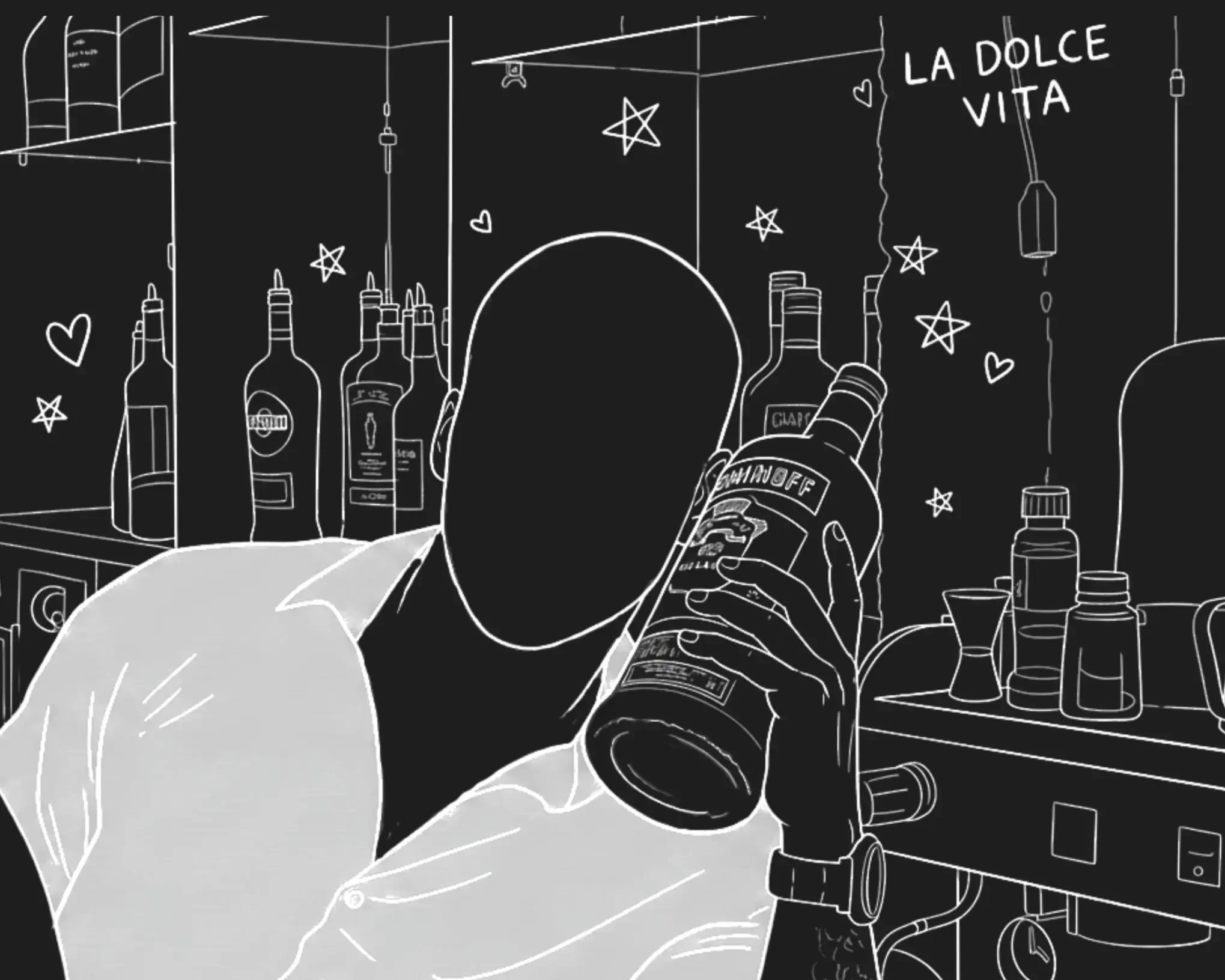 Line illustration of a bartender preparing drinks behind the bar at La Dolce Vita, representing the welcoming hospitality and contact experience at the Italian restaurant in Ottawa.