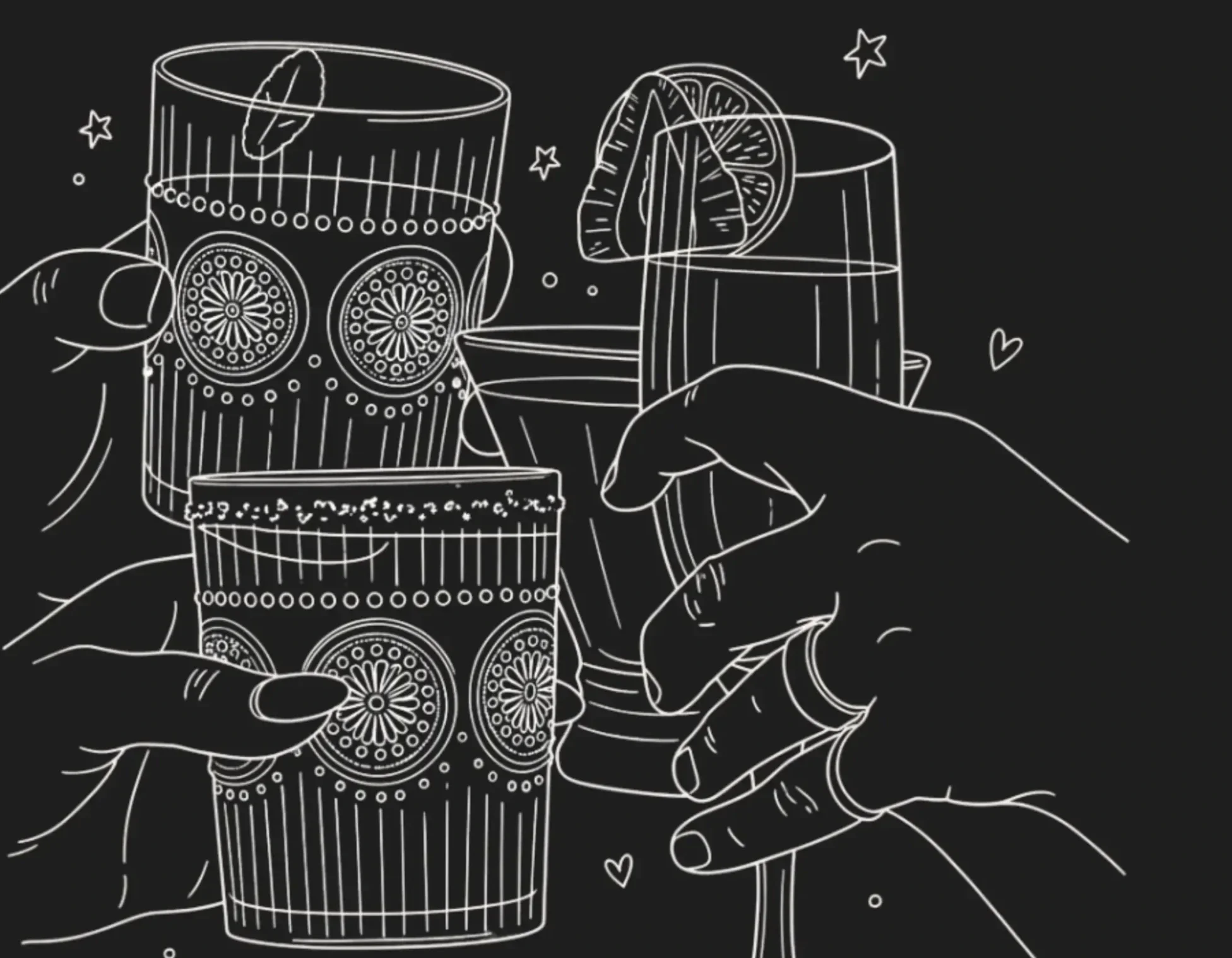 Line illustration of handcrafted cocktails and Italian bar drinks, representing the drinks menu at La Dolce Vita in Ottawa