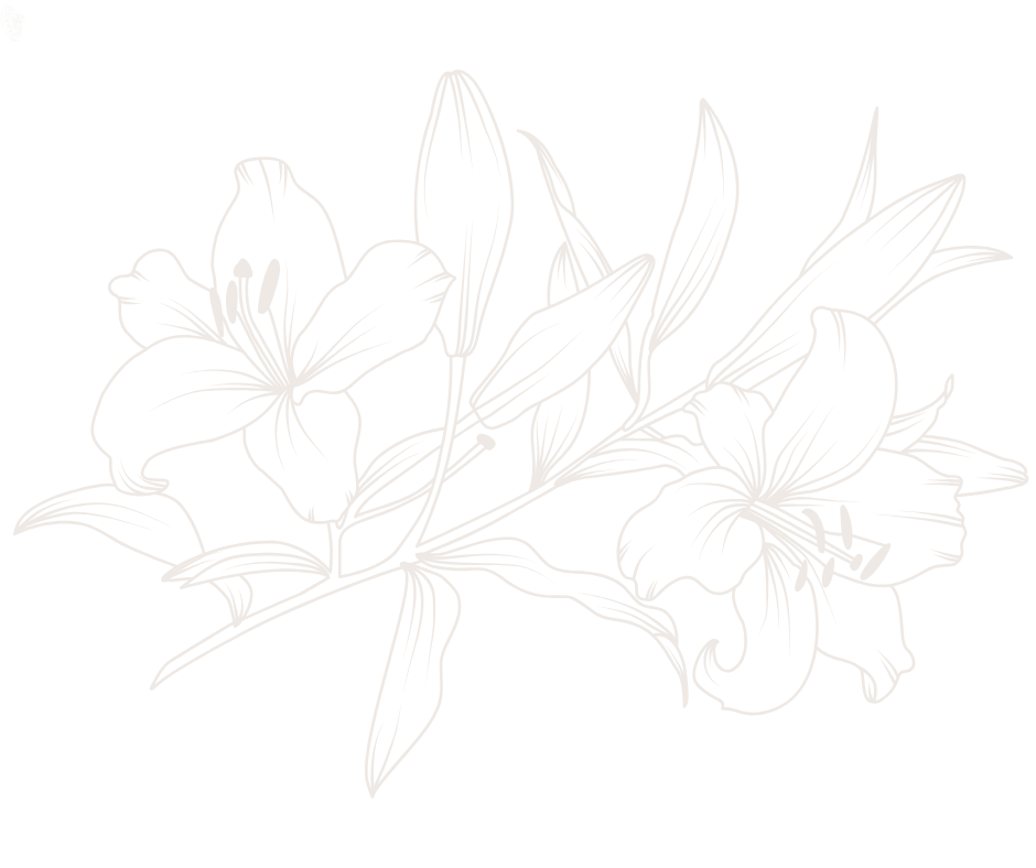 Line drawing of a bouquet of lilies and other flowers with leaves on a black background.